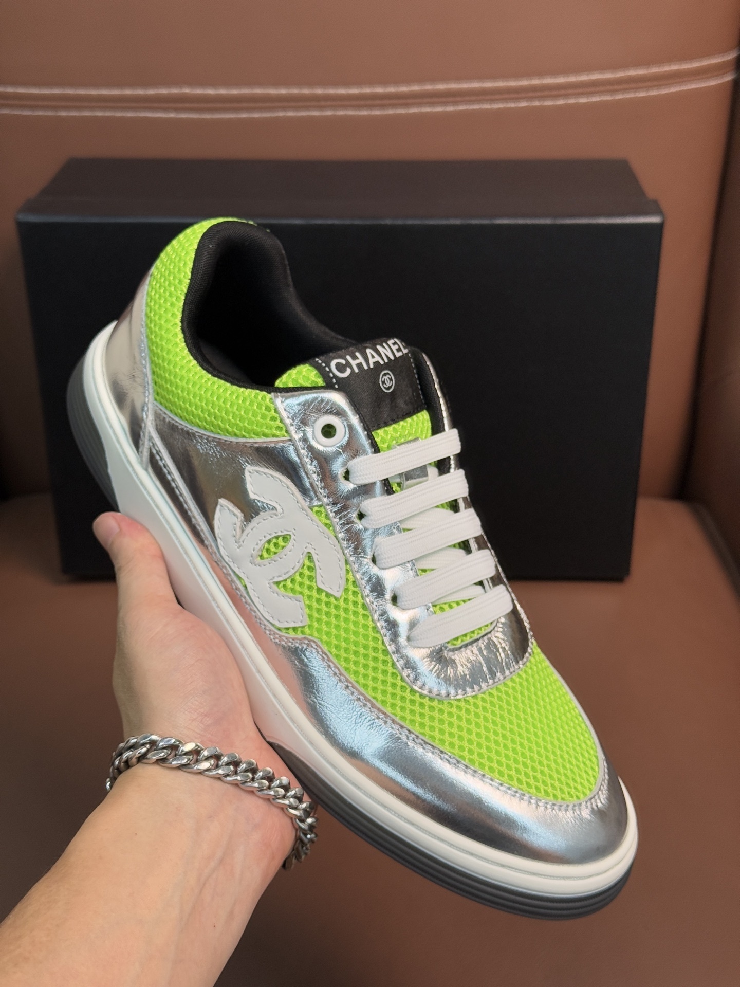 Chanel Silver Metallic Mesh Sneakers Luxury Low-Top Trainers