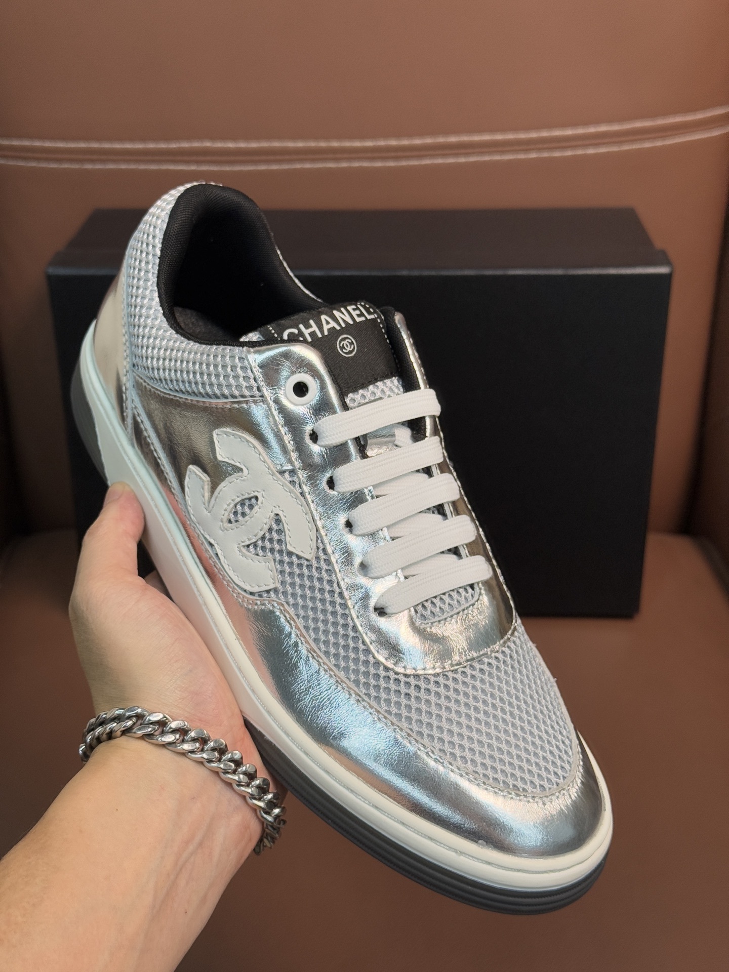 Chanel Silver Metallic Mesh Sneakers Luxury Low-Top Trainers