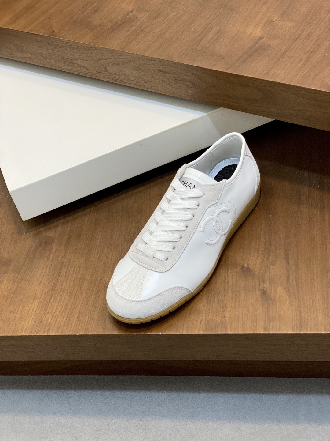 Chanel White Leather & Suede Low-Top Sneakers with Gum Sole