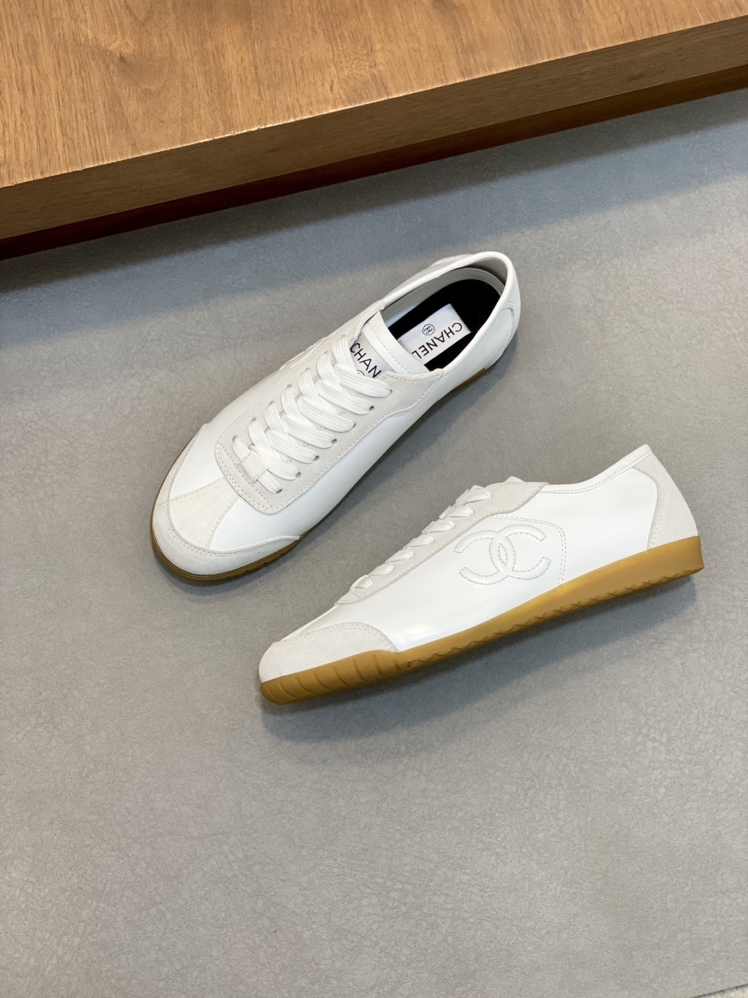 Chanel White Leather & Suede Low-Top Sneakers with Gum Sole