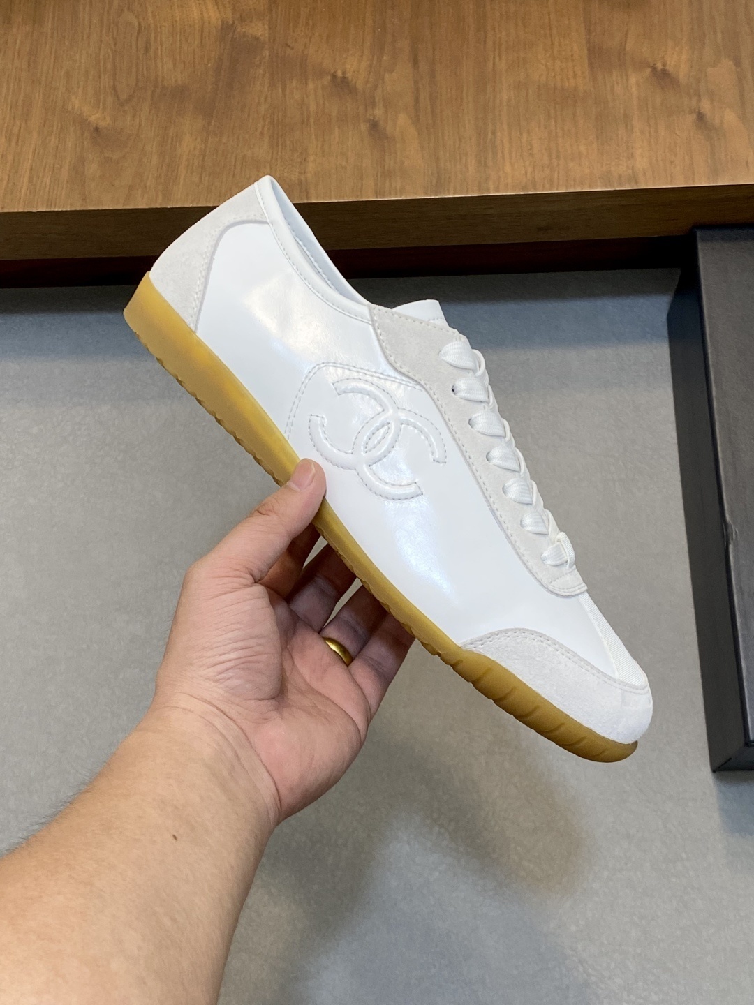 Chanel White Leather & Suede Low-Top Sneakers with Gum Sole