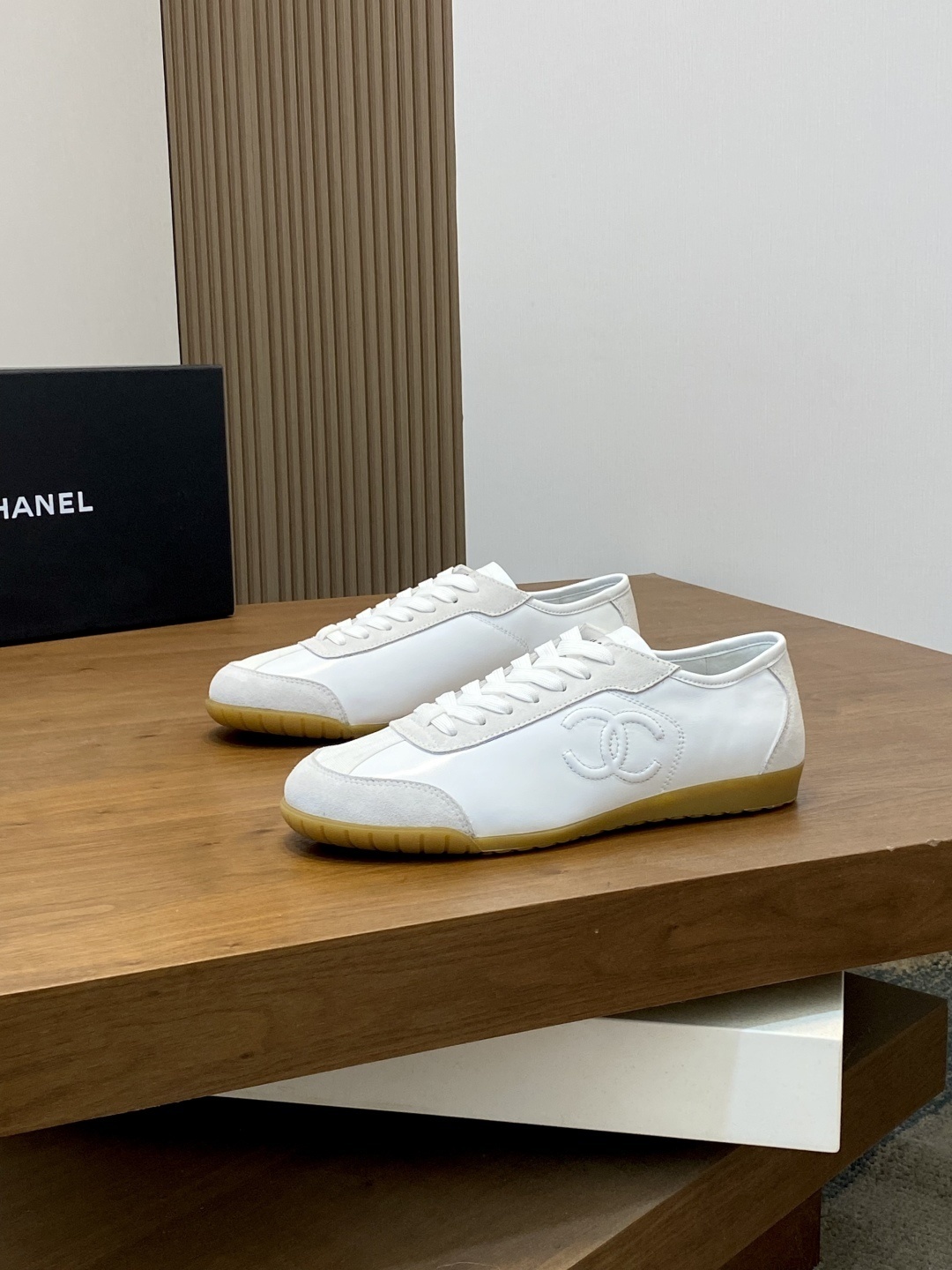 Chanel White Leather & Suede Low-Top Sneakers with Gum Sole