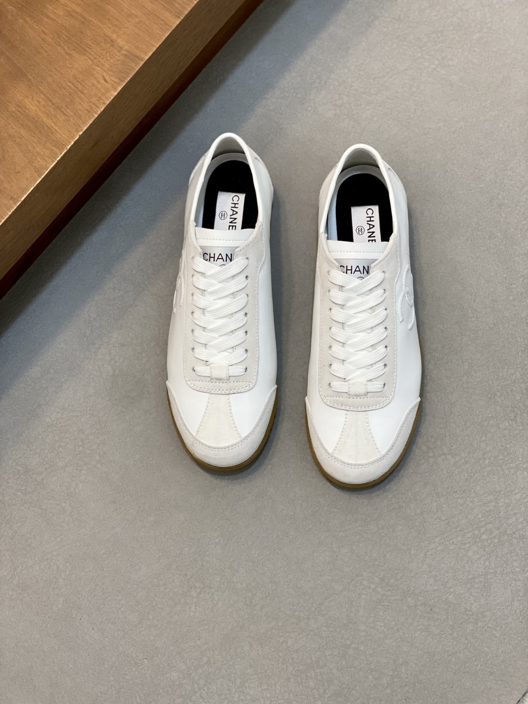 Chanel White Leather & Suede Low-Top Sneakers with Gum Sole