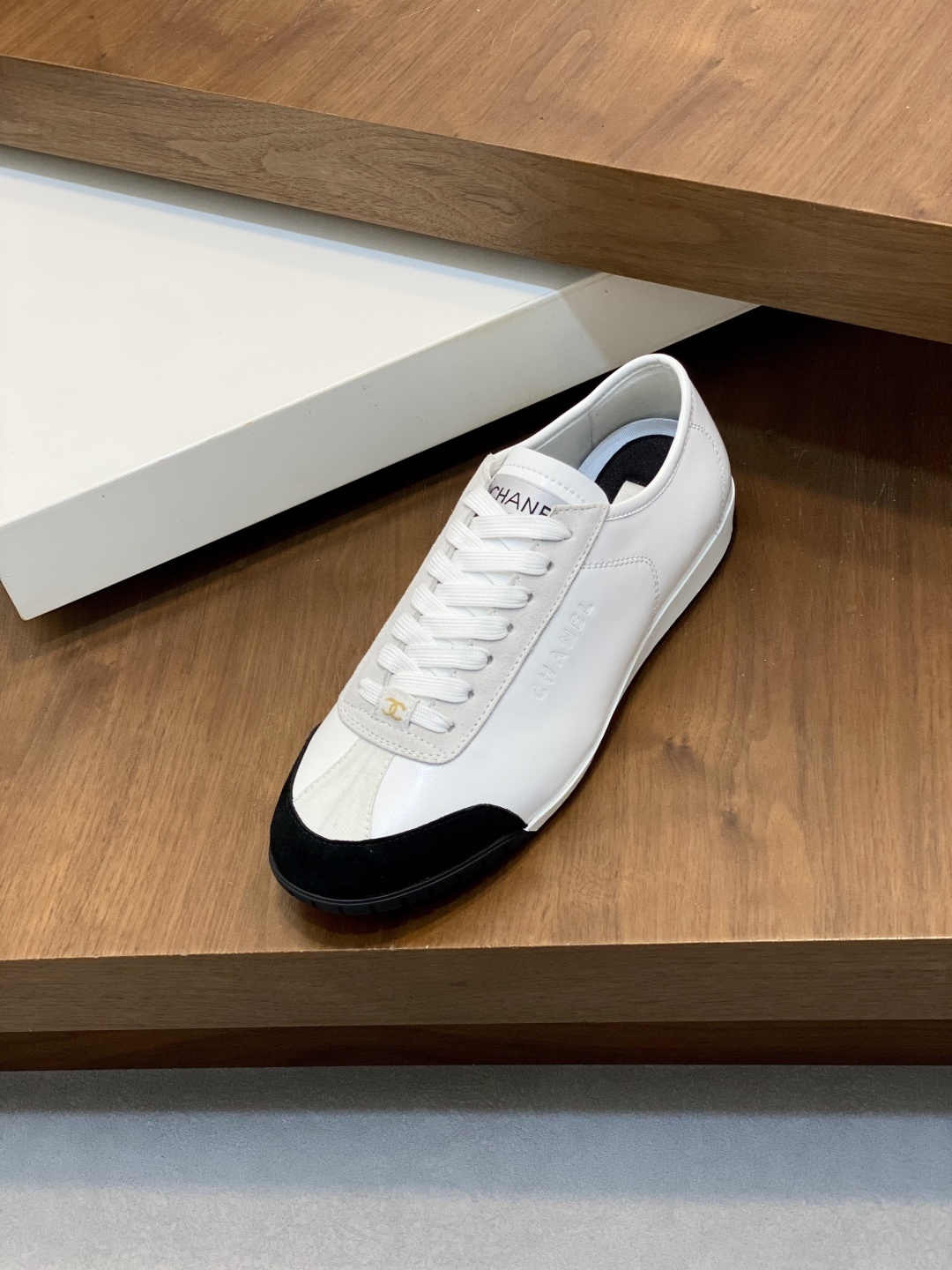 Chanel Classic White Leather Sneakers with Black Suede Toe Cap