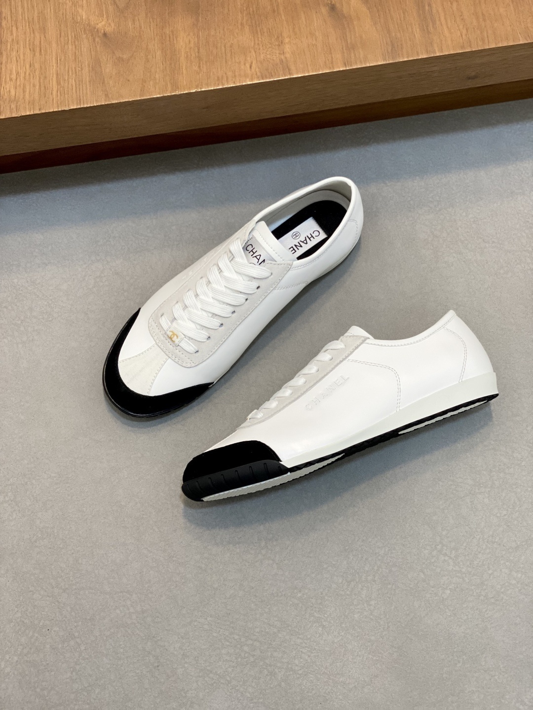 Chanel Classic White Leather Sneakers with Black Suede Toe Cap