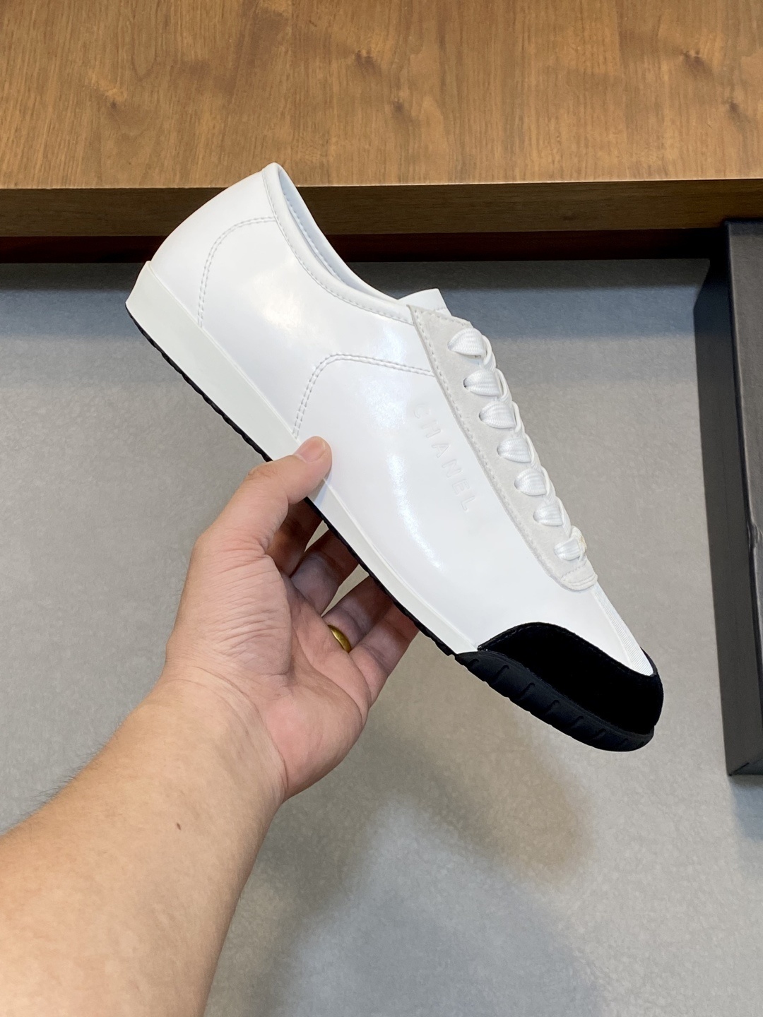 Chanel Classic White Leather Sneakers with Black Suede Toe Cap