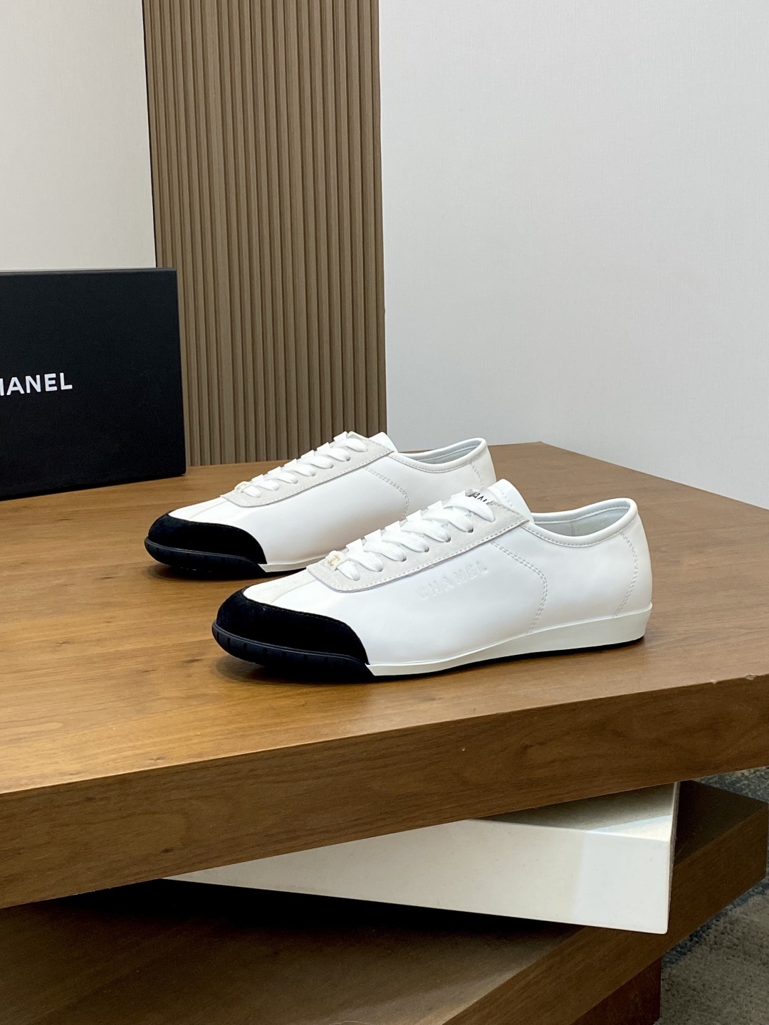 Chanel Classic White Leather Sneakers with Black Suede Toe Cap