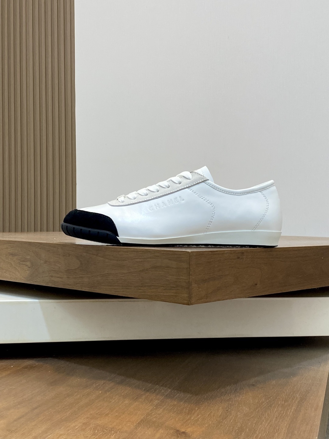 Chanel Classic White Leather Sneakers with Black Suede Toe Cap