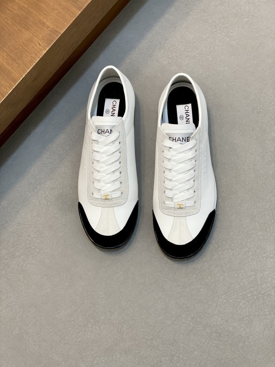 Chanel Classic White Leather Sneakers with Black Suede Toe Cap