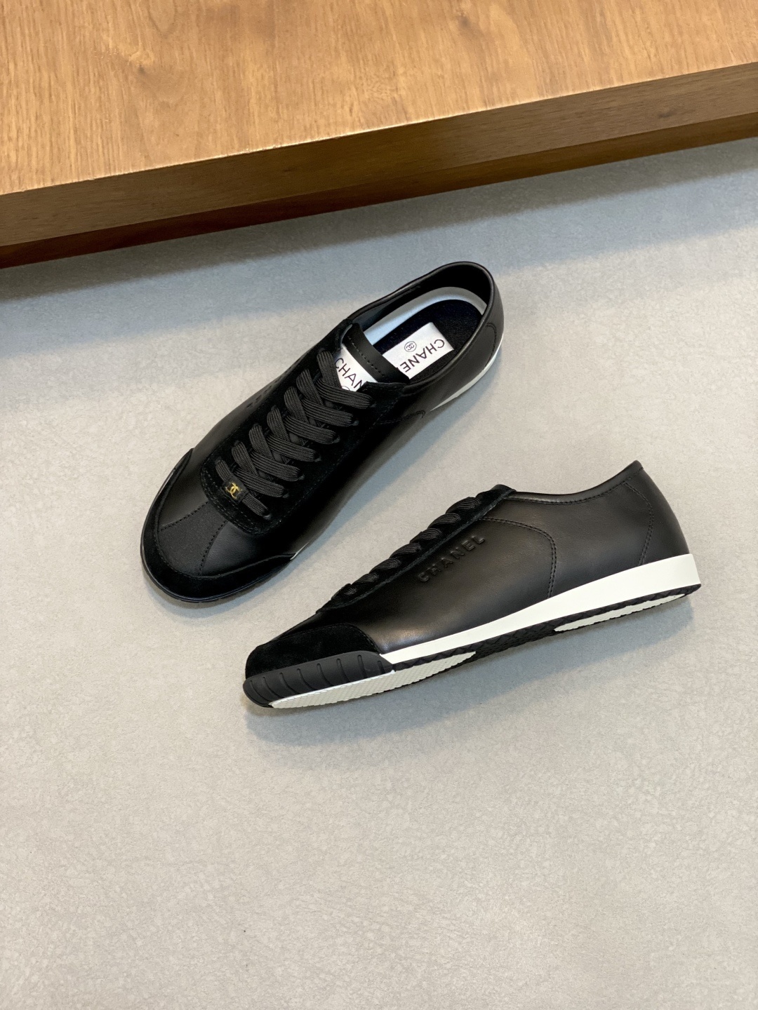 Chanel Black Leather Low-Top Sneakers with Suede Accents