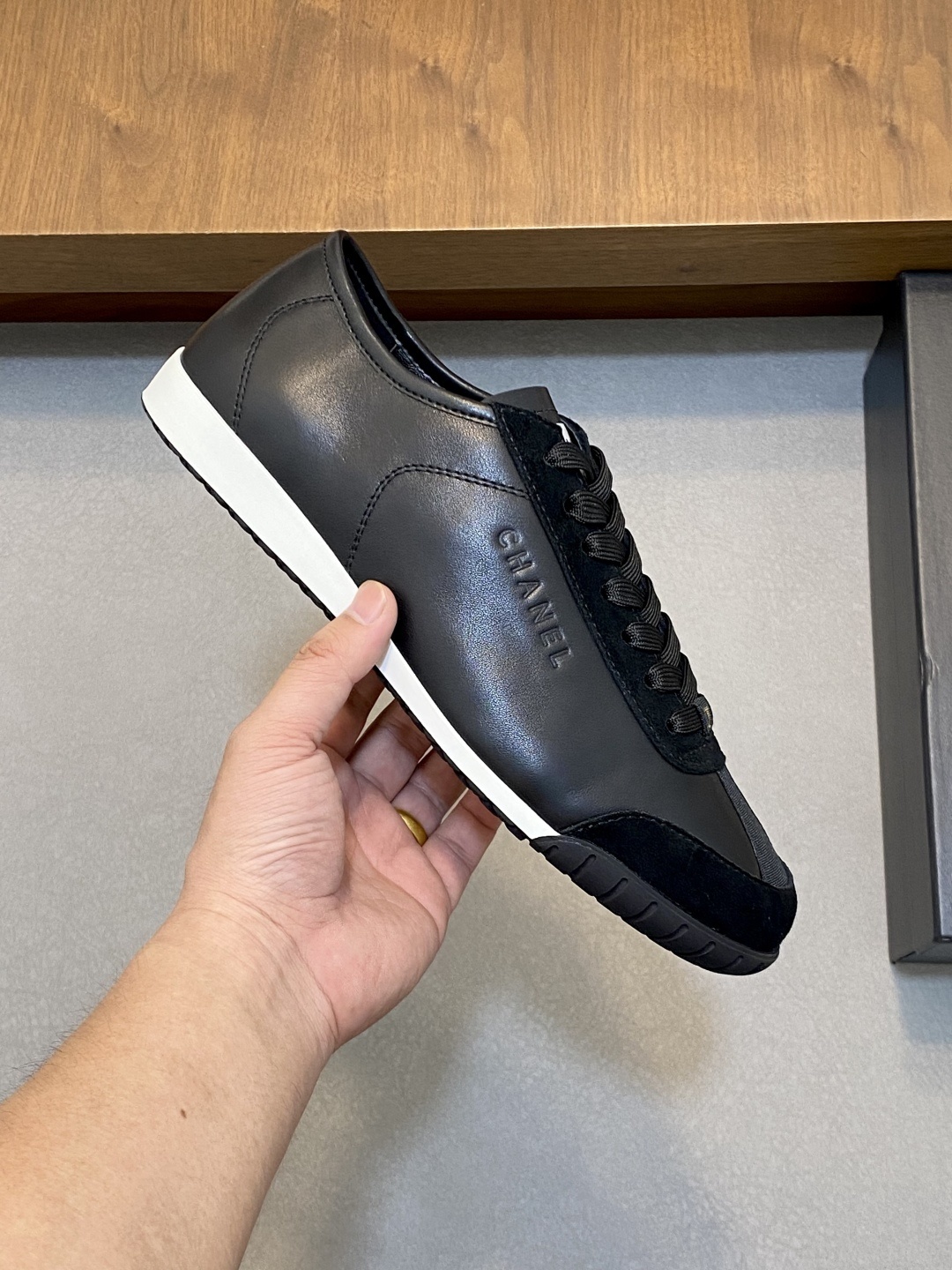 Chanel Black Leather Low-Top Sneakers with Suede Accents