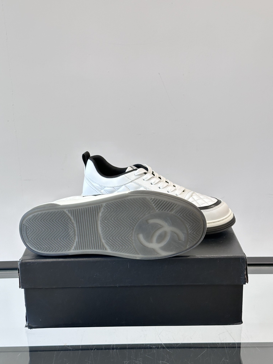 Chanel White Quilted Leather Sneakers with Black CC Logo