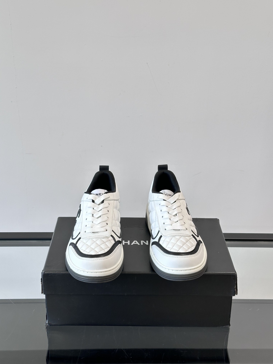 Chanel White Quilted Leather Sneakers with Black CC Logo