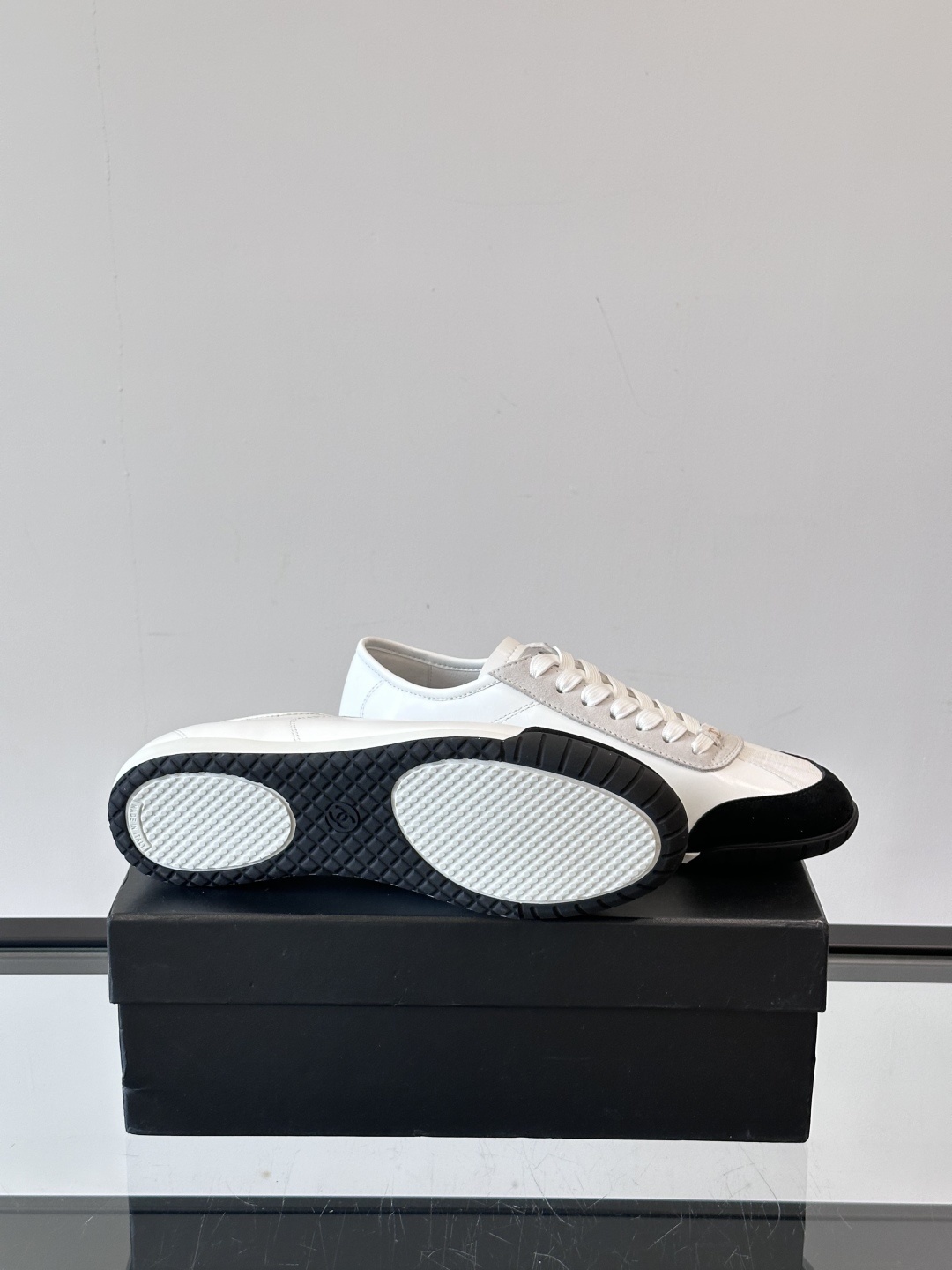 Chanel White Leather & Suede Sneakers with Black Toe Cap