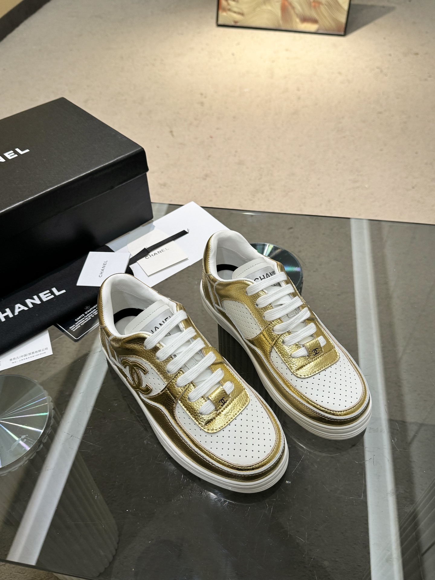 Chanel Metallic Leather Low-Top Sneakers - White/Gold & White/Silver