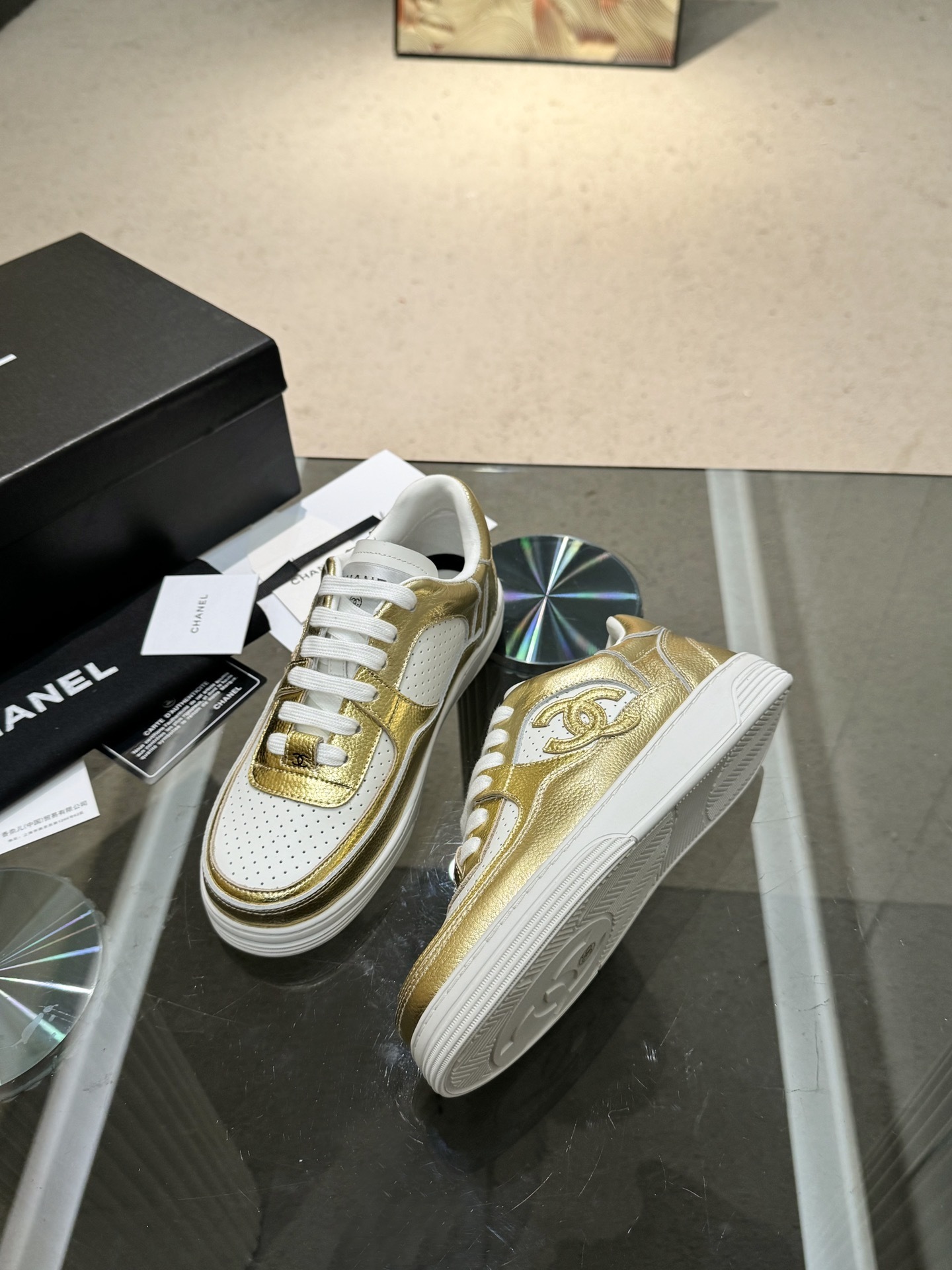 Chanel Metallic Leather Low-Top Sneakers - White/Gold & White/Silver