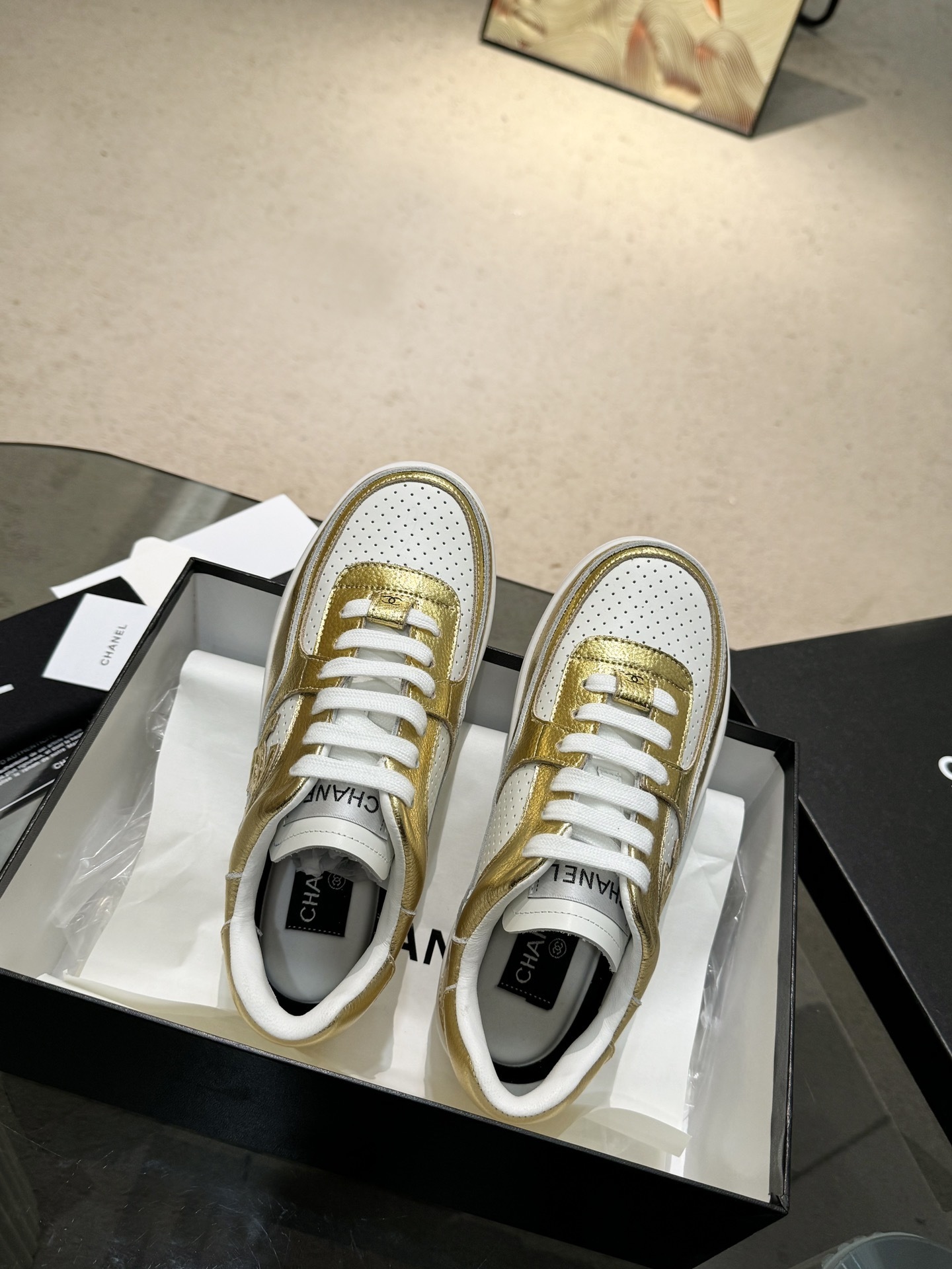 Chanel Metallic Leather Low-Top Sneakers - White/Gold & White/Silver