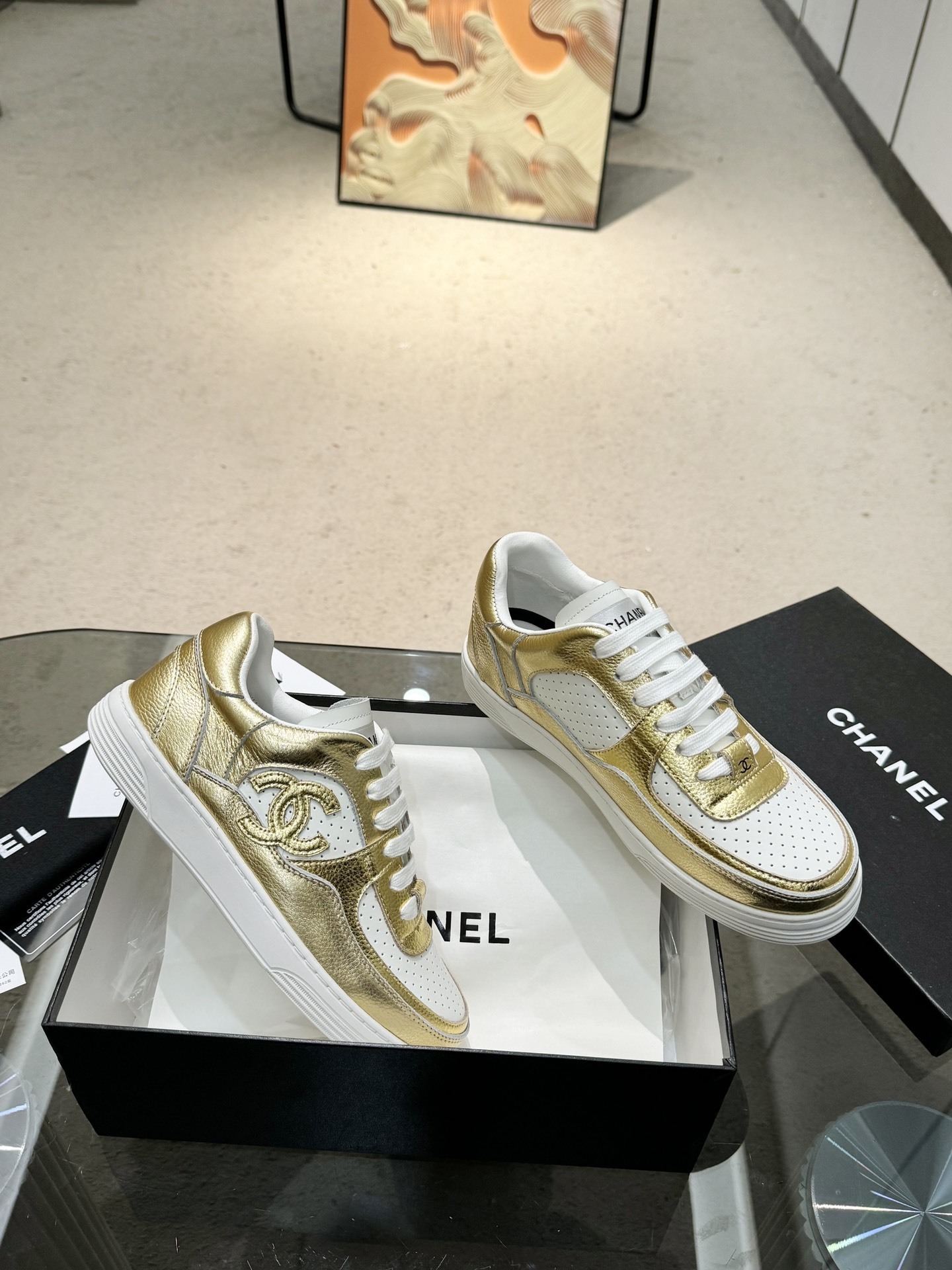 Chanel Metallic Leather Low-Top Sneakers - White/Gold & White/Silver