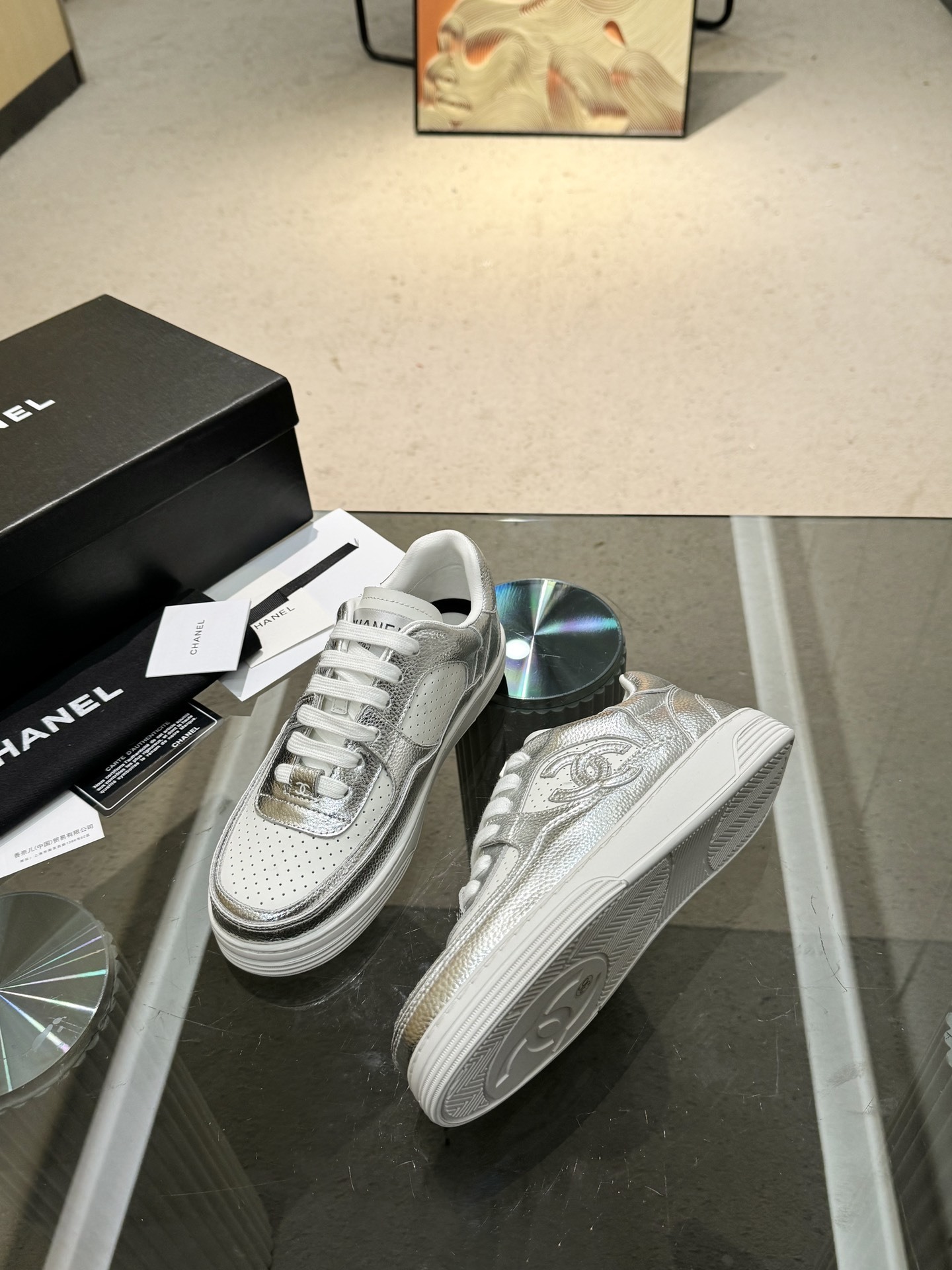 Chanel Women's Low-Top Metallic Leather Sneakers - Silver & Gold