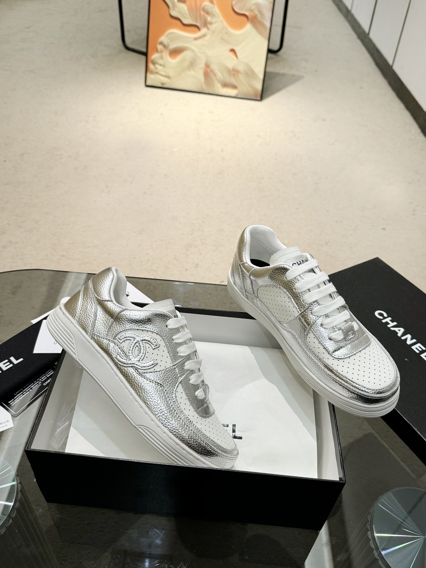 Chanel Women's Low-Top Metallic Leather Sneakers - Silver & Gold