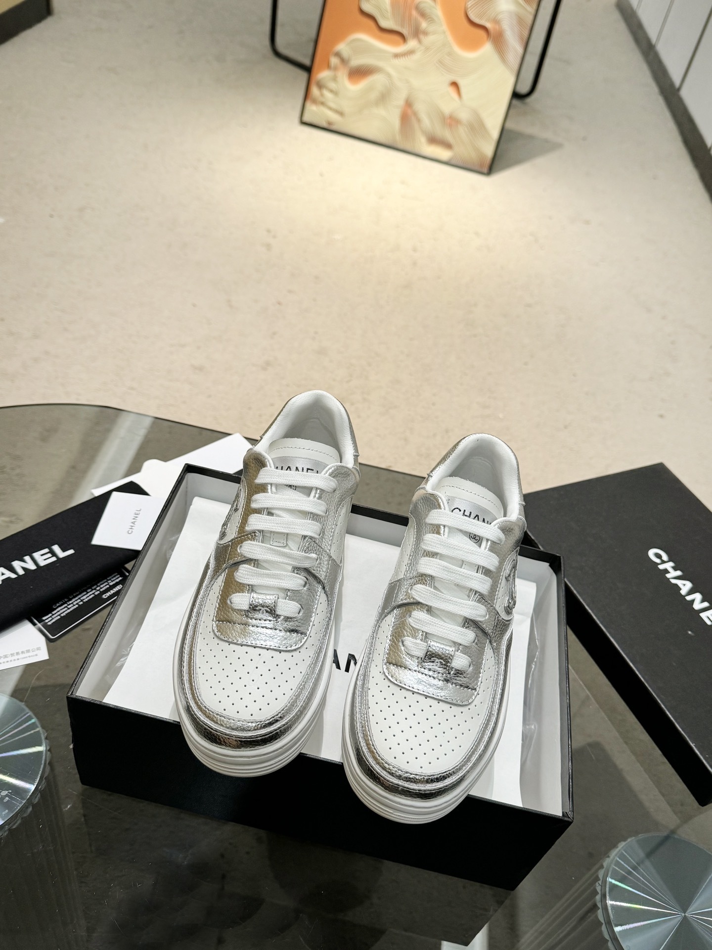 Chanel Women's Low-Top Metallic Leather Sneakers - Silver & Gold