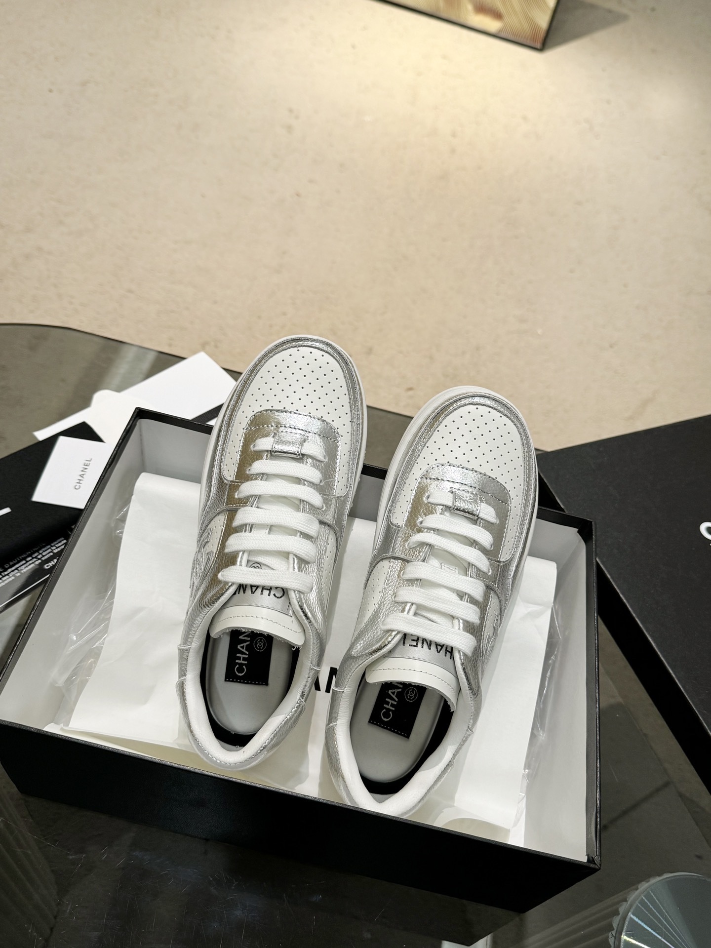 Chanel Women's Low-Top Metallic Leather Sneakers - Silver & Gold