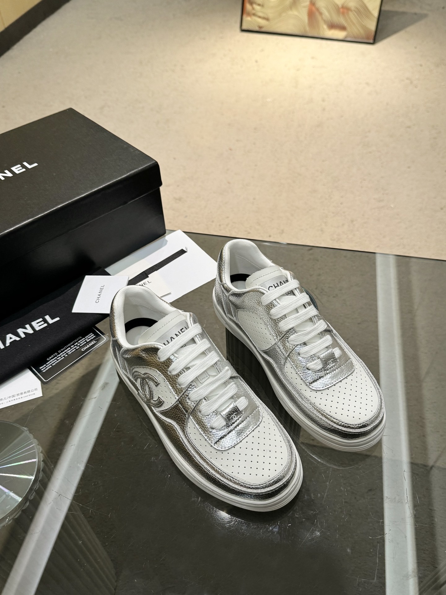 Chanel Women's Low-Top Metallic Leather Sneakers - Silver & Gold