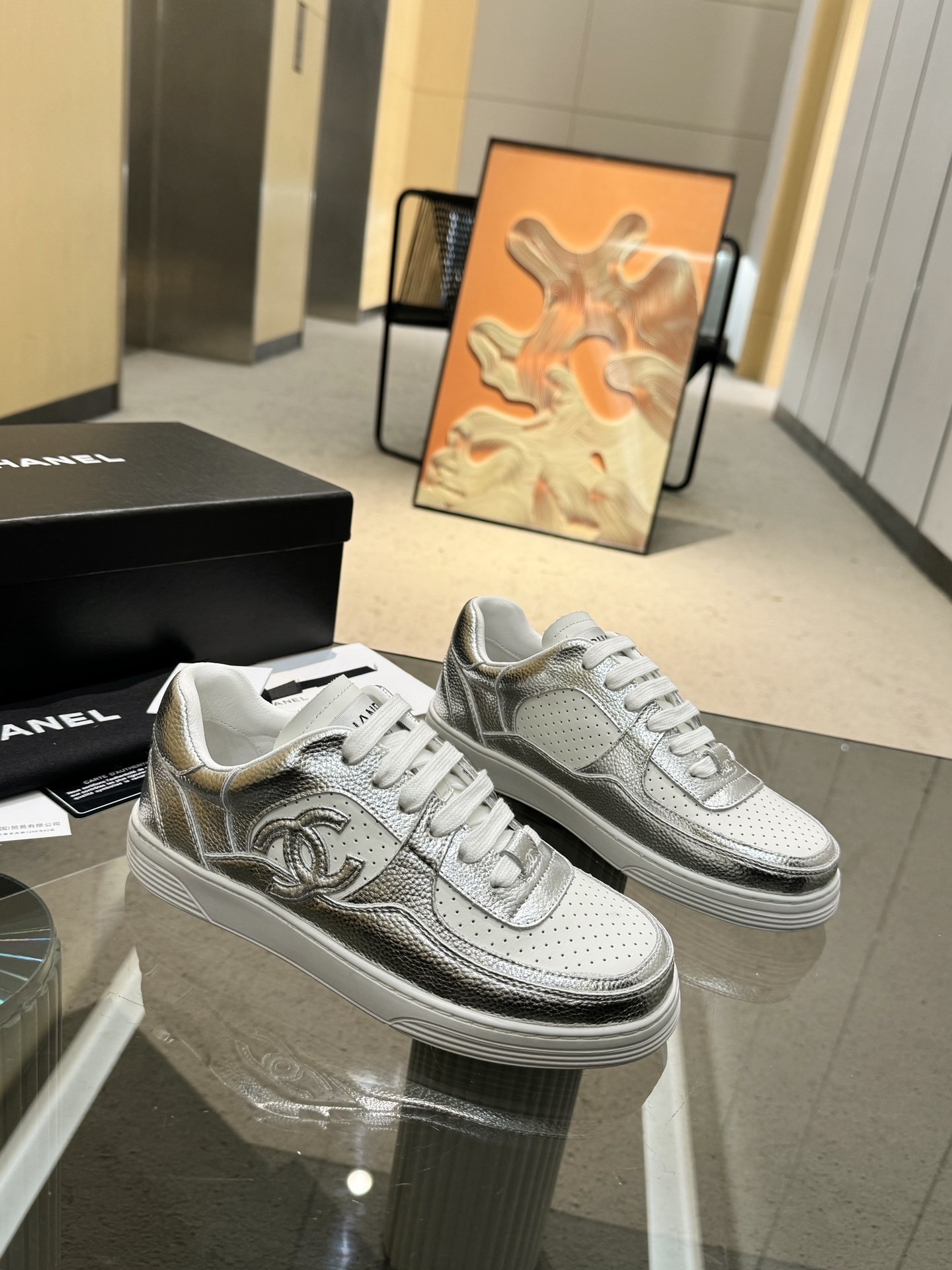 Chanel Women's Low-Top Metallic Leather Sneakers - Silver & Gold