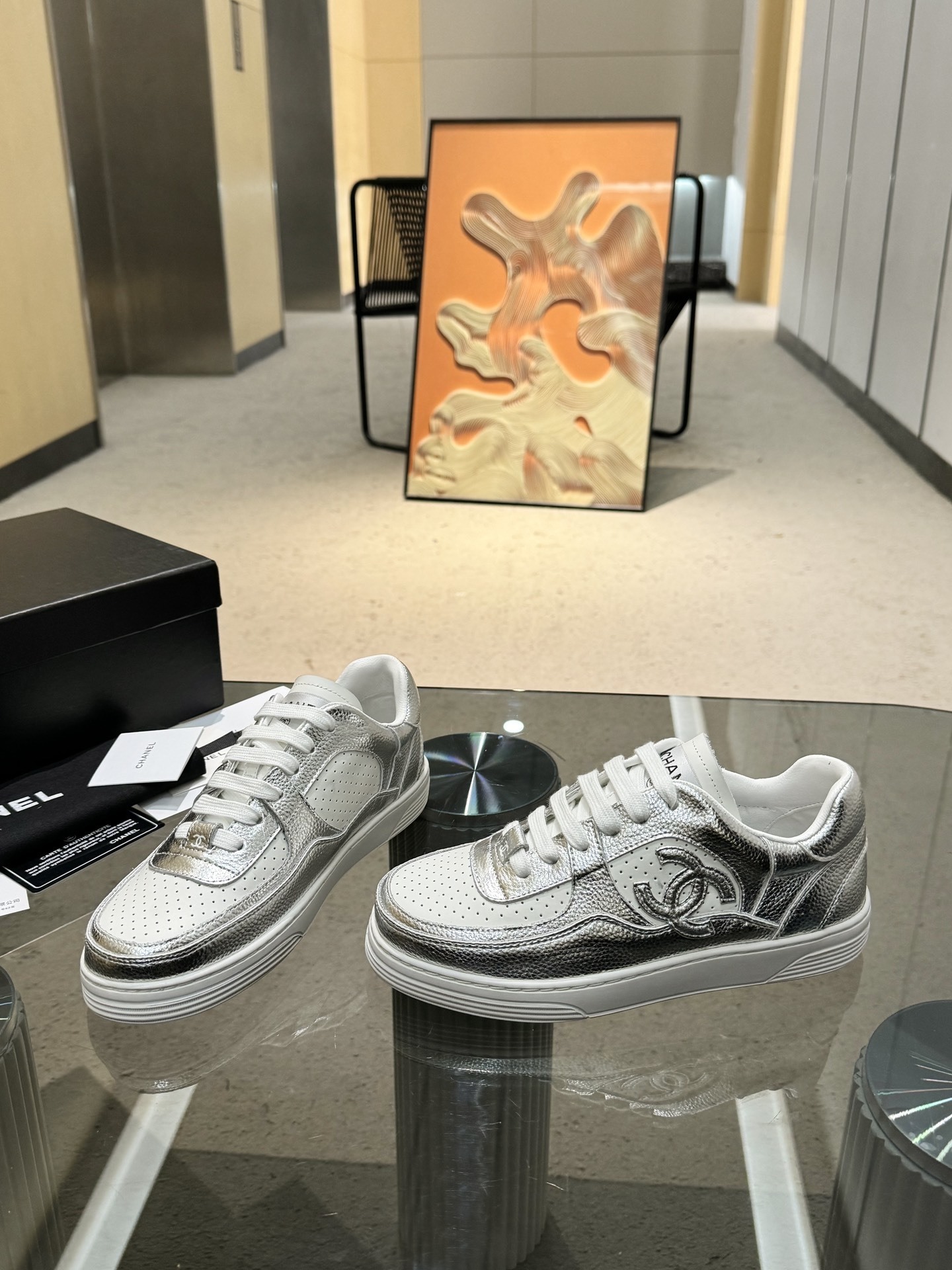 Chanel Women's Low-Top Metallic Leather Sneakers - Silver & Gold