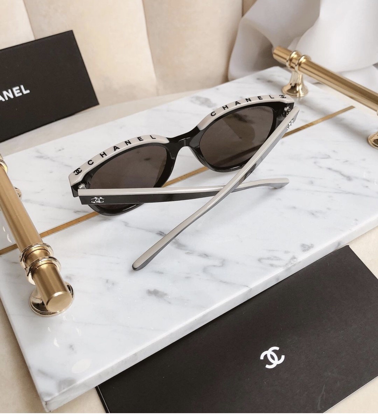 Chanel Luxury Butterfly Sunglasses 5414 Black and Beige Logo