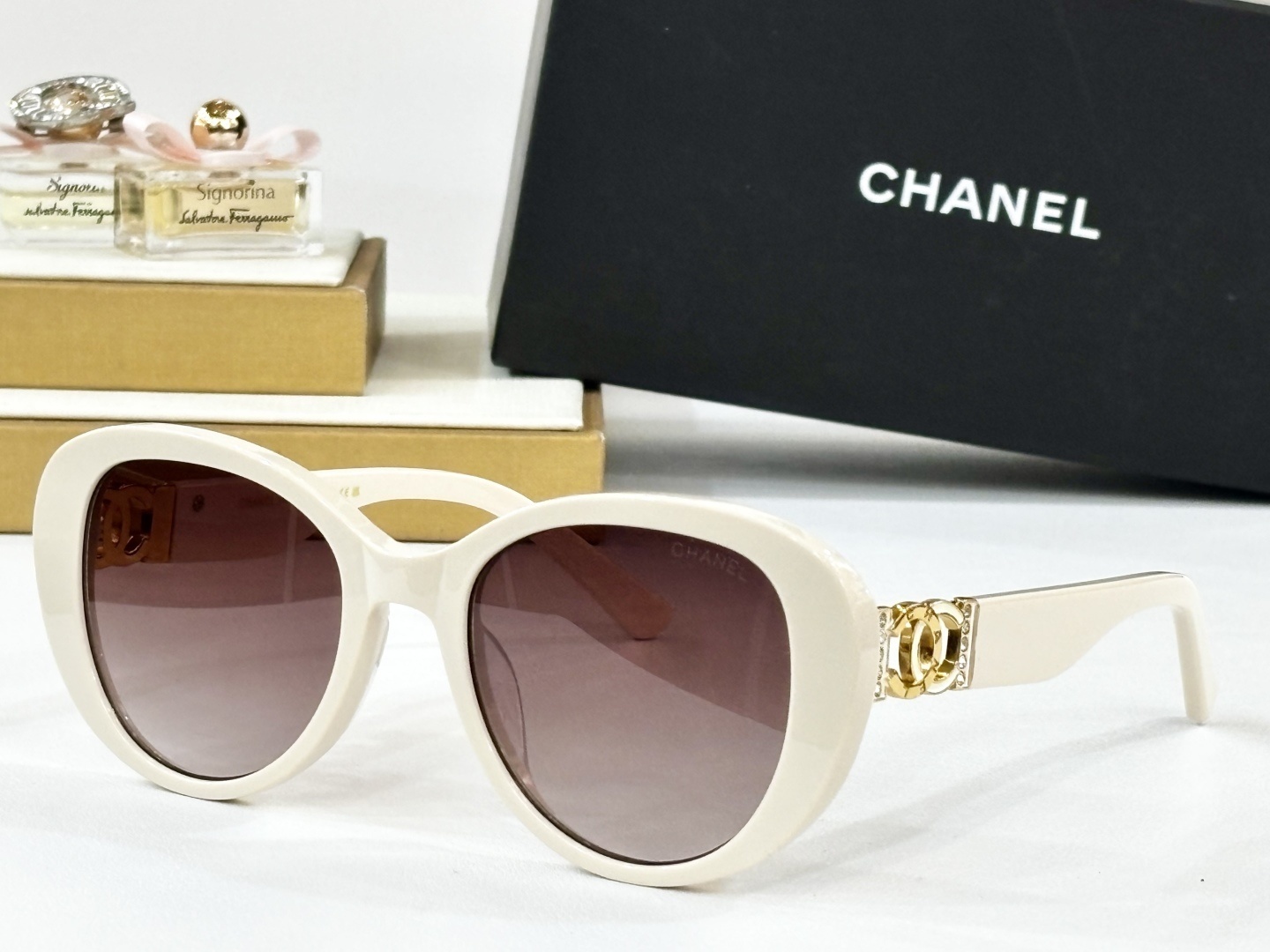 Chanel Luxury Oversized Butterfly Sunglasses with Gold CC Logo