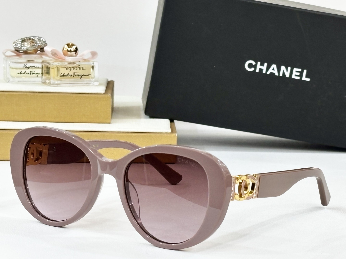 Chanel Luxury Oversized Butterfly Sunglasses with Gold CC Logo
