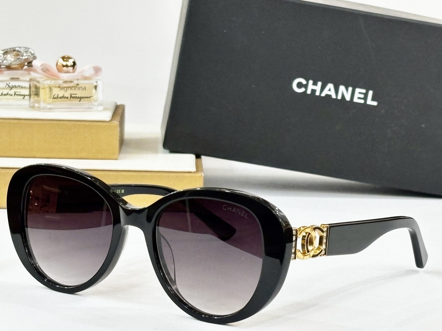 Chanel Luxury Oversized Butterfly Sunglasses with Gold CC Logo
