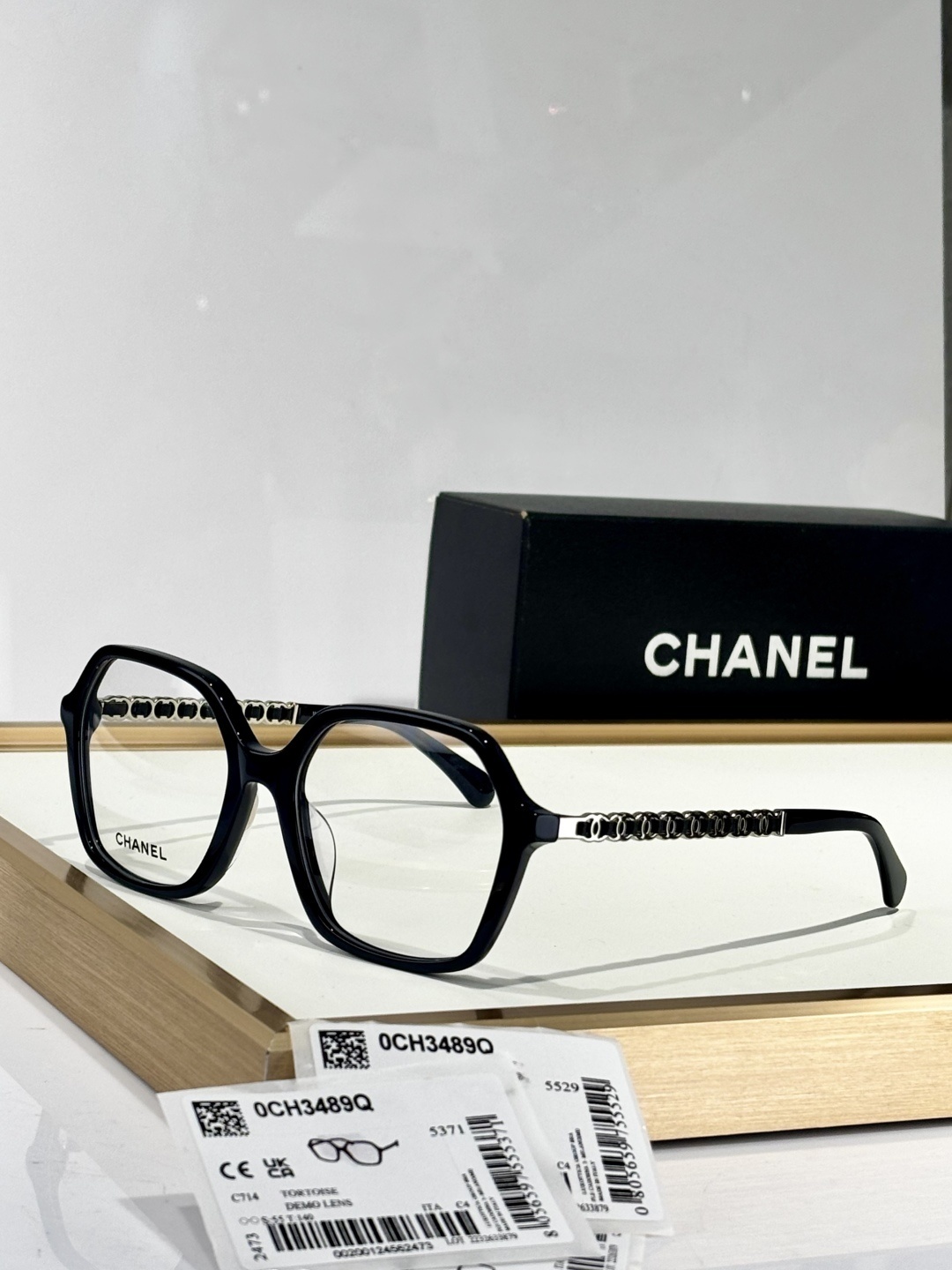 Chanel 0CH3489Q Luxury Square Eyeglasses with Gold Chain Temples
