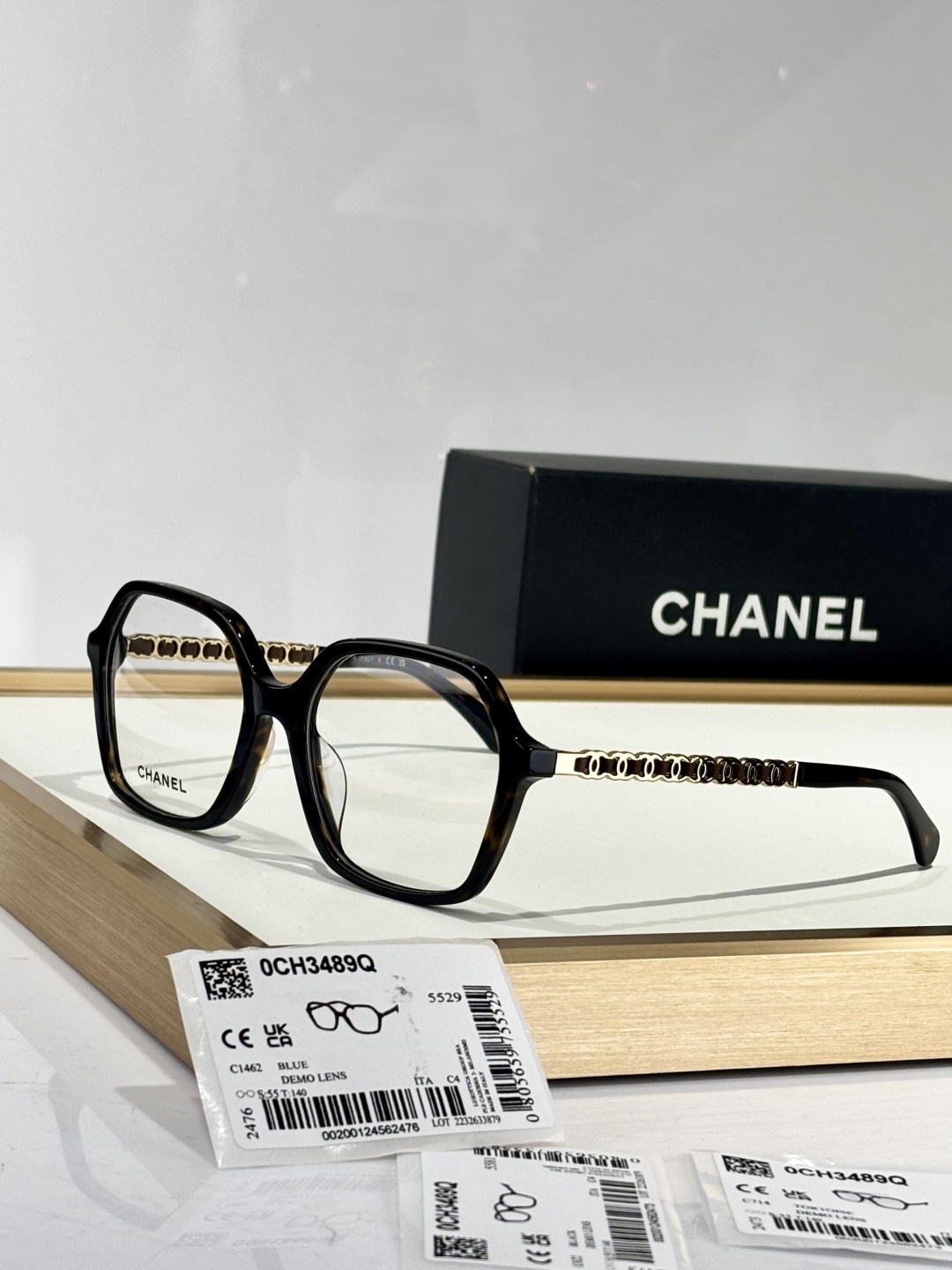 Chanel 0CH3489Q Luxury Square Eyeglasses with Gold Chain Temples