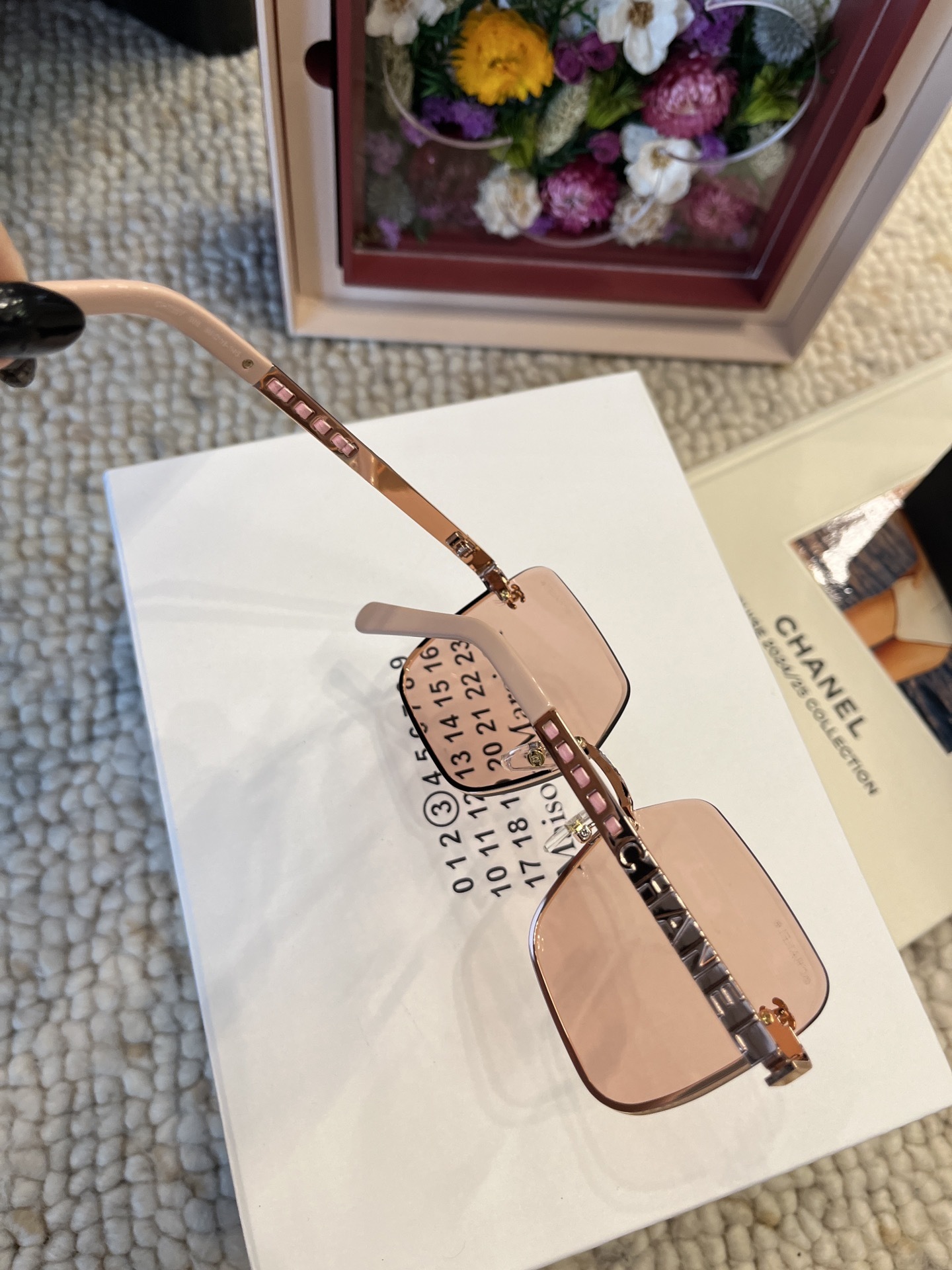 Chanel Square Rimless Sunglasses - Peach Tint & Gold Chain Detail