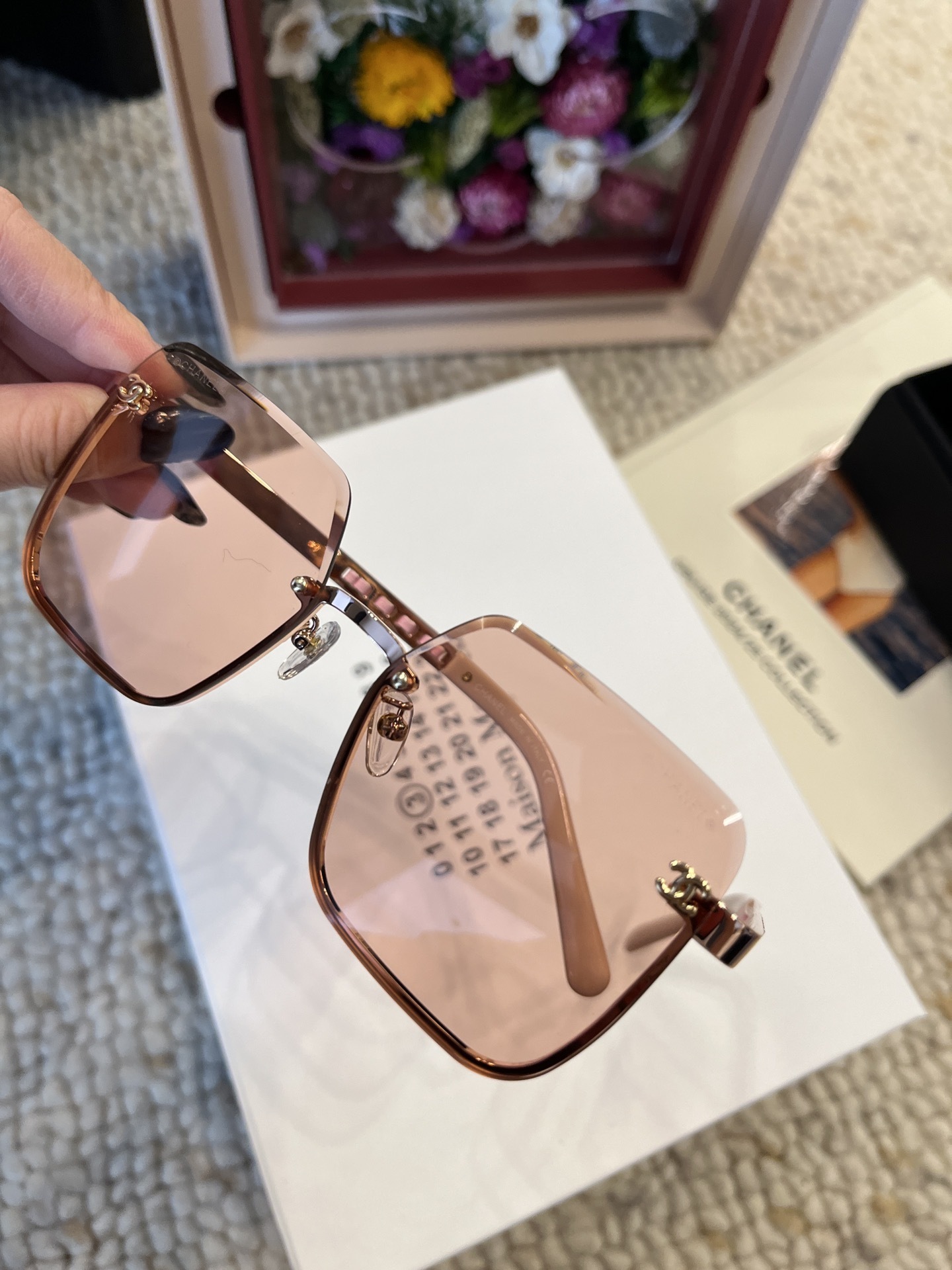 Chanel Square Rimless Sunglasses - Peach Tint & Gold Chain Detail