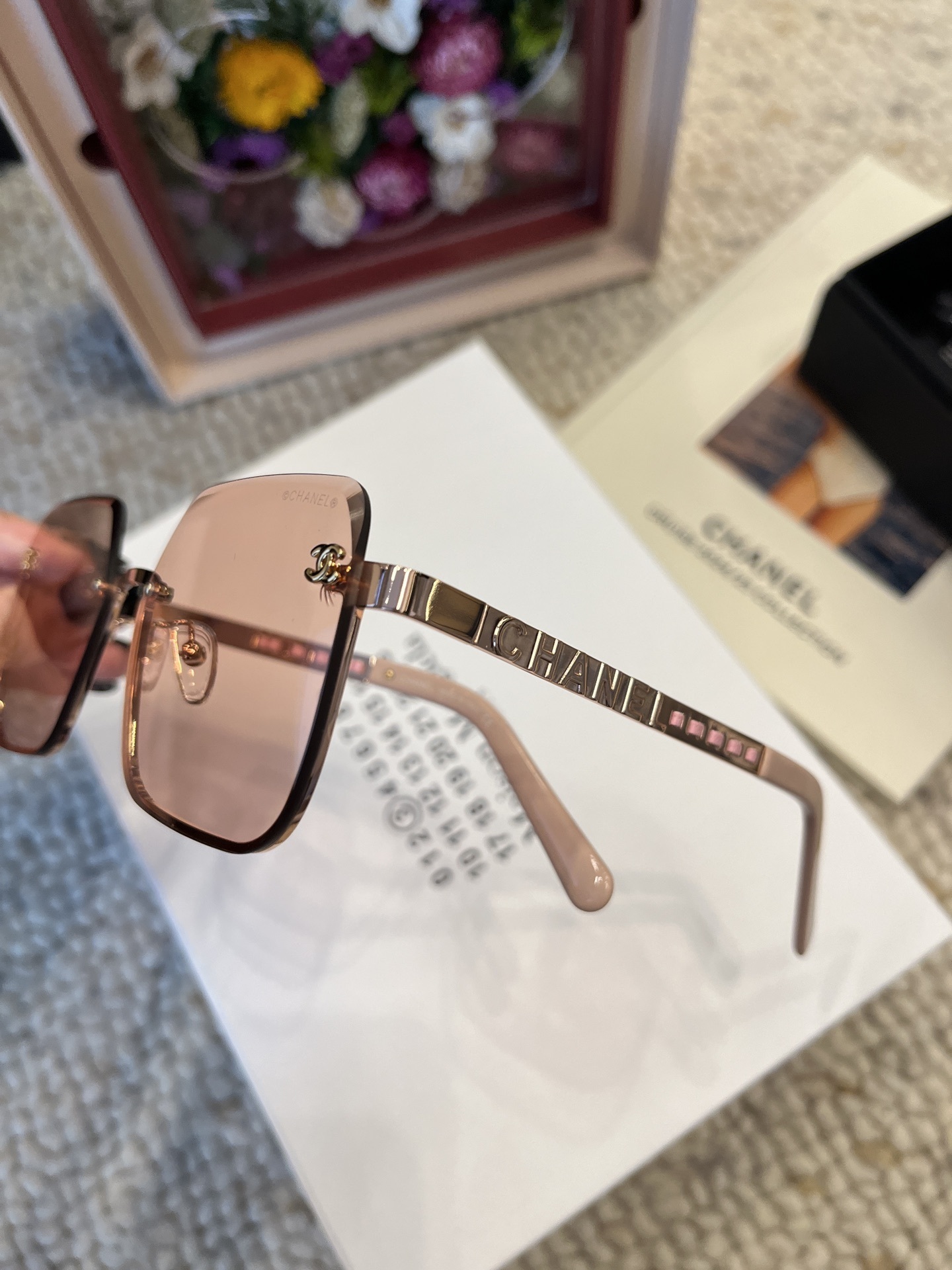 Chanel Square Rimless Sunglasses - Peach Tint & Gold Chain Detail