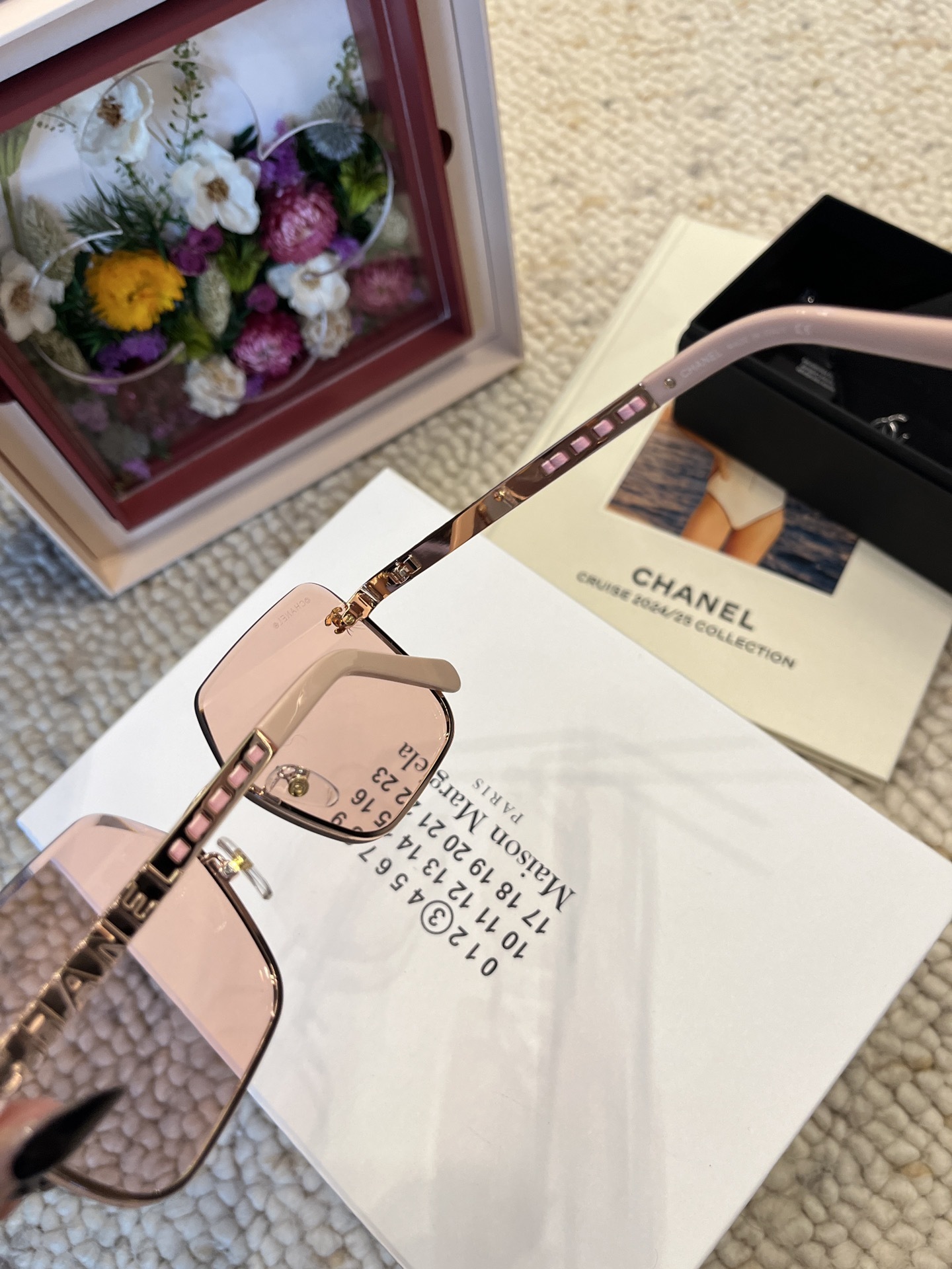 Chanel Square Rimless Sunglasses - Peach Tint & Gold Chain Detail