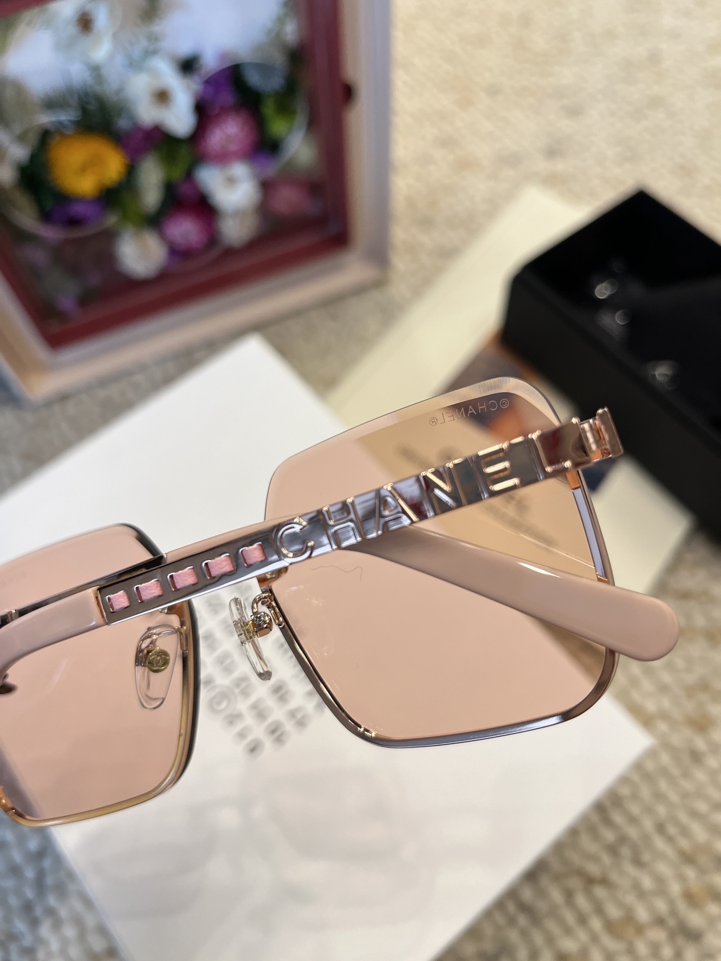Chanel Square Rimless Sunglasses - Peach Tint & Gold Chain Detail