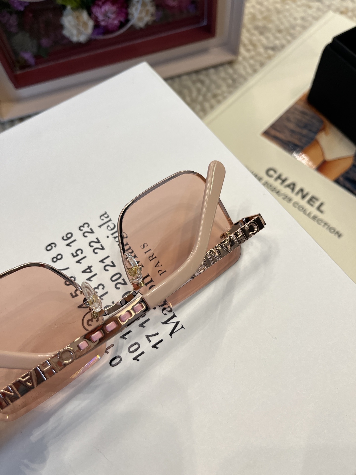Chanel Square Rimless Sunglasses - Peach Tint & Gold Chain Detail