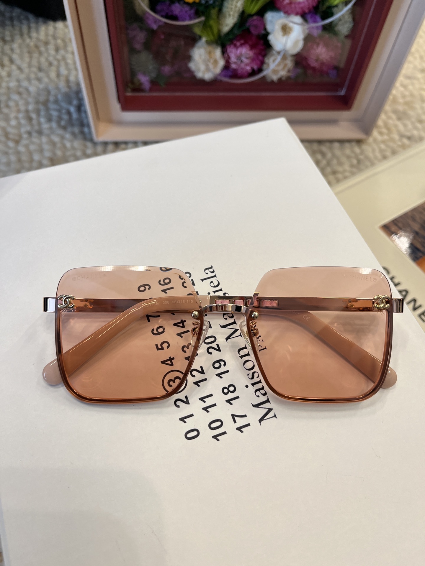 Chanel Square Rimless Sunglasses - Peach Tint & Gold Chain Detail