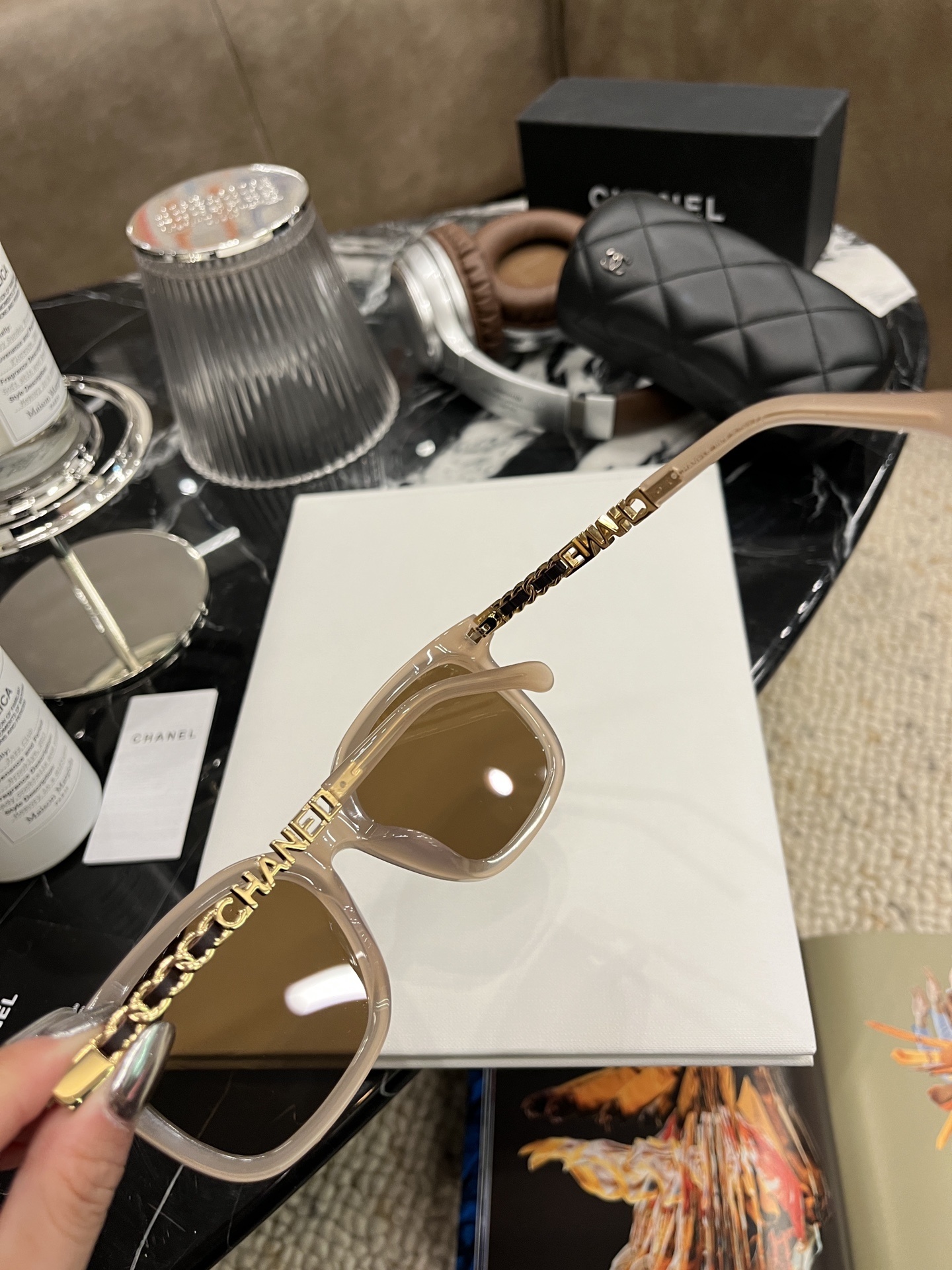 Chanel Square Oversized Sunglasses - Nude Beige Frame Brown Lens