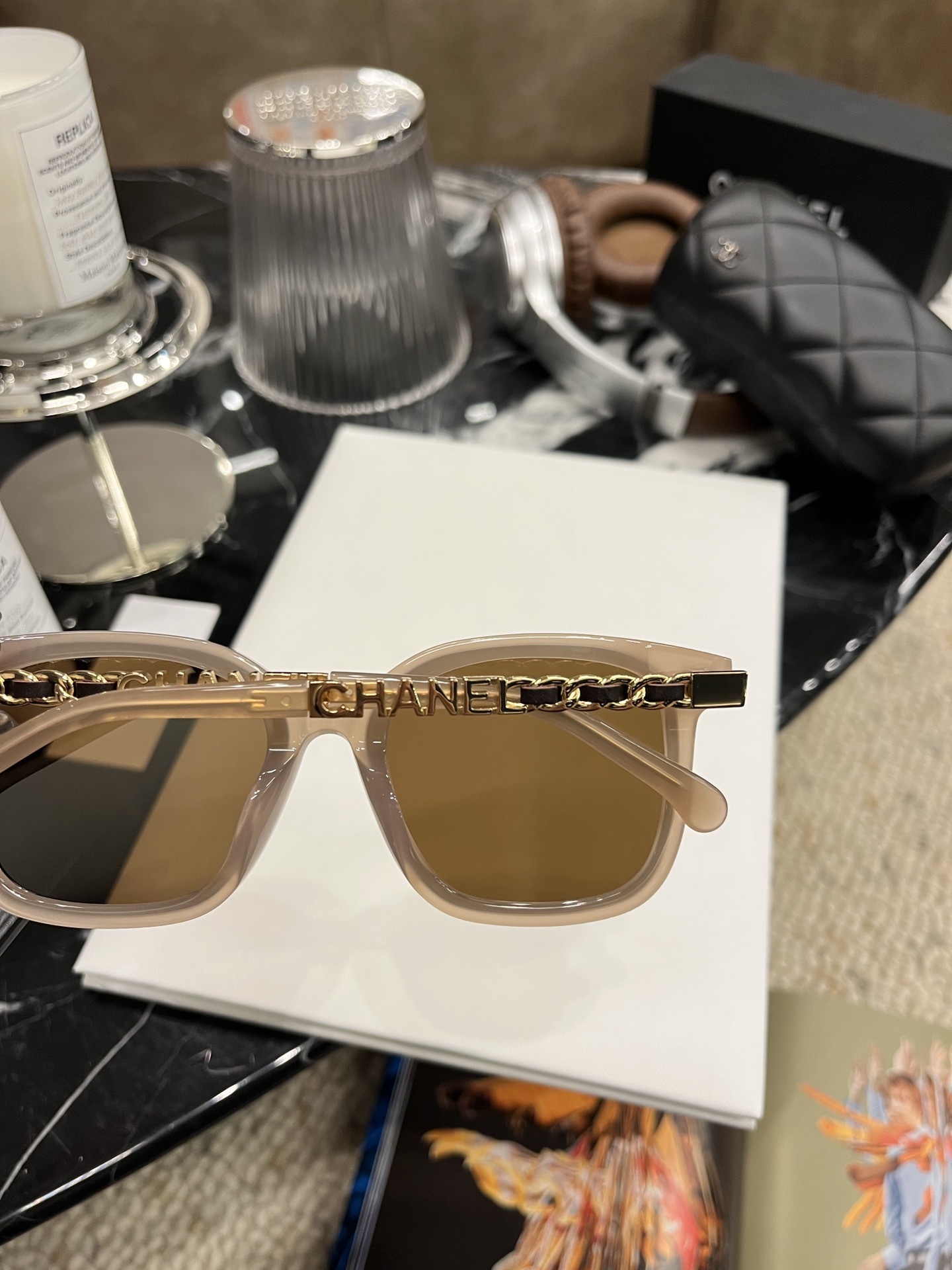 Chanel Square Oversized Sunglasses - Nude Beige Frame Brown Lens