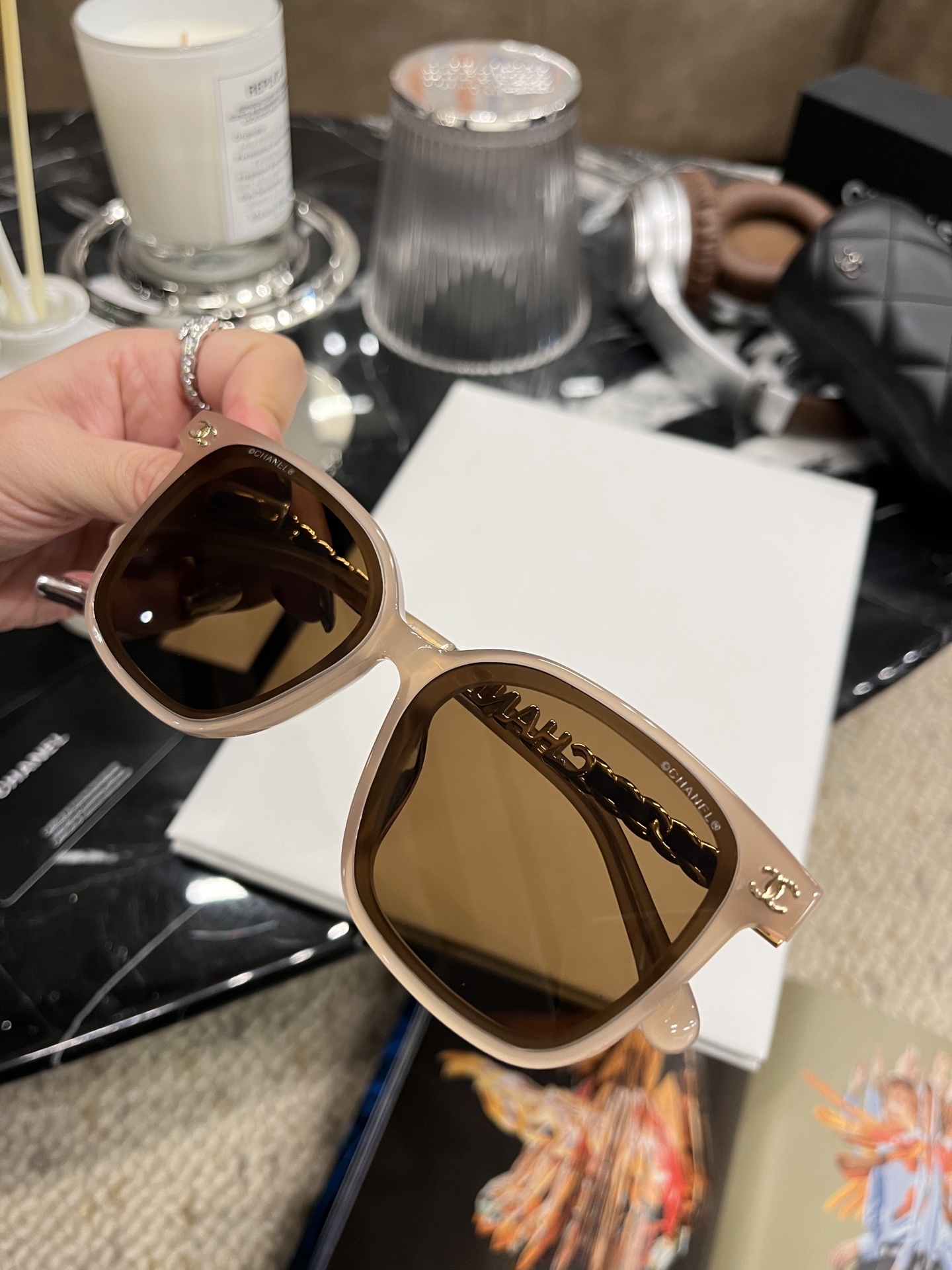 Chanel Square Oversized Sunglasses - Nude Beige Frame Brown Lens