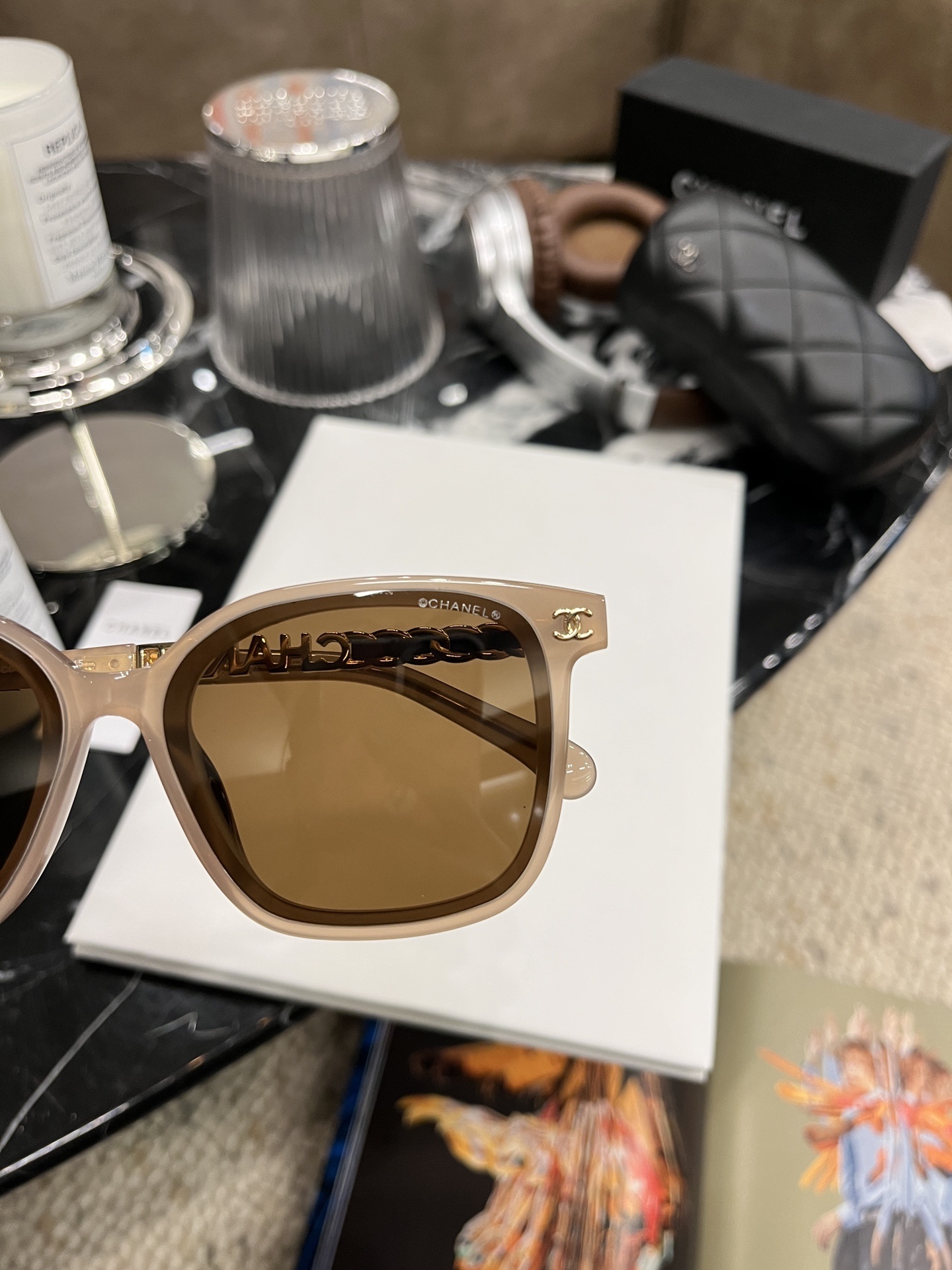 Chanel Square Oversized Sunglasses - Nude Beige Frame Brown Lens