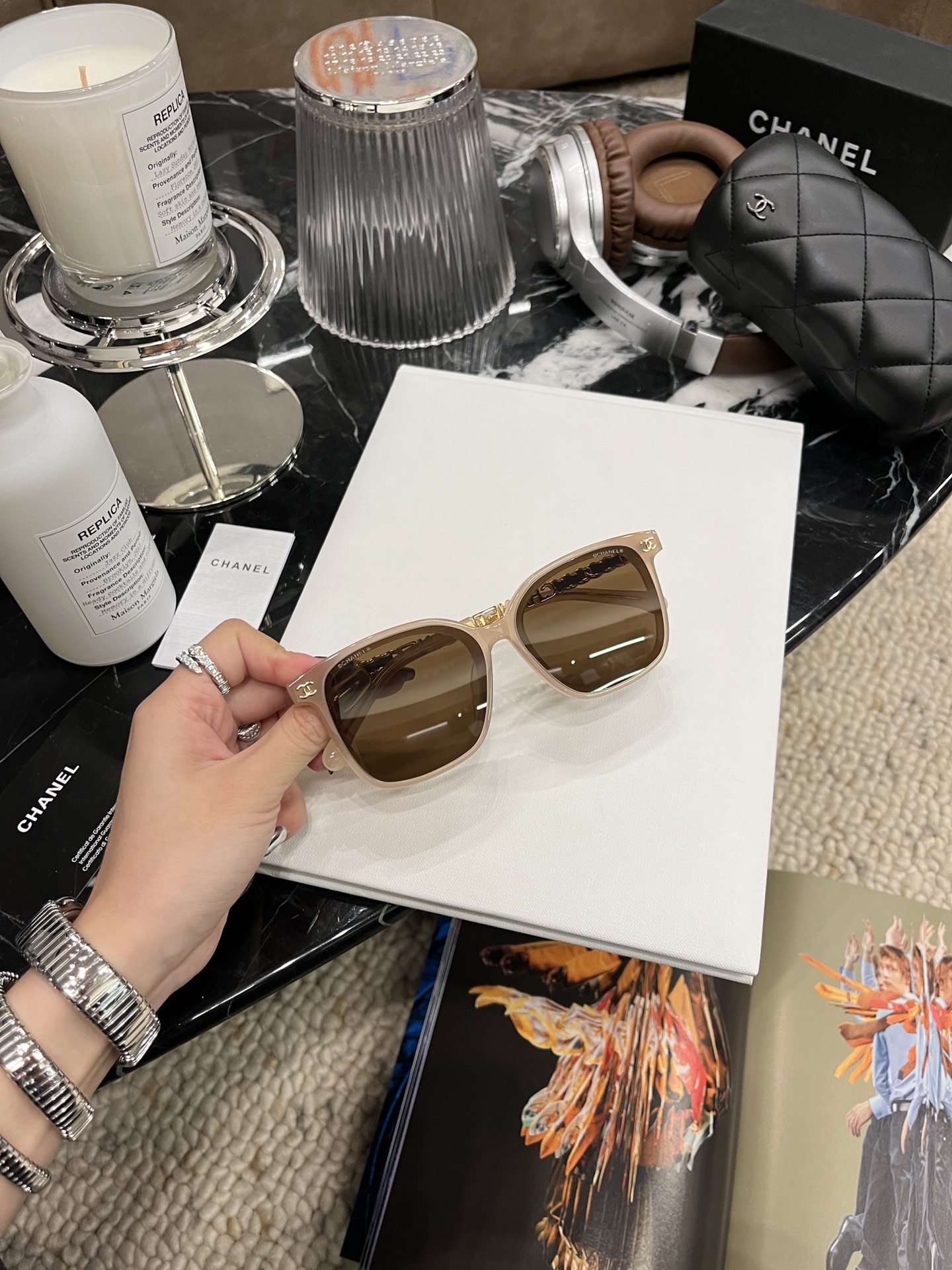 Chanel Square Oversized Sunglasses - Nude Beige Frame Brown Lens