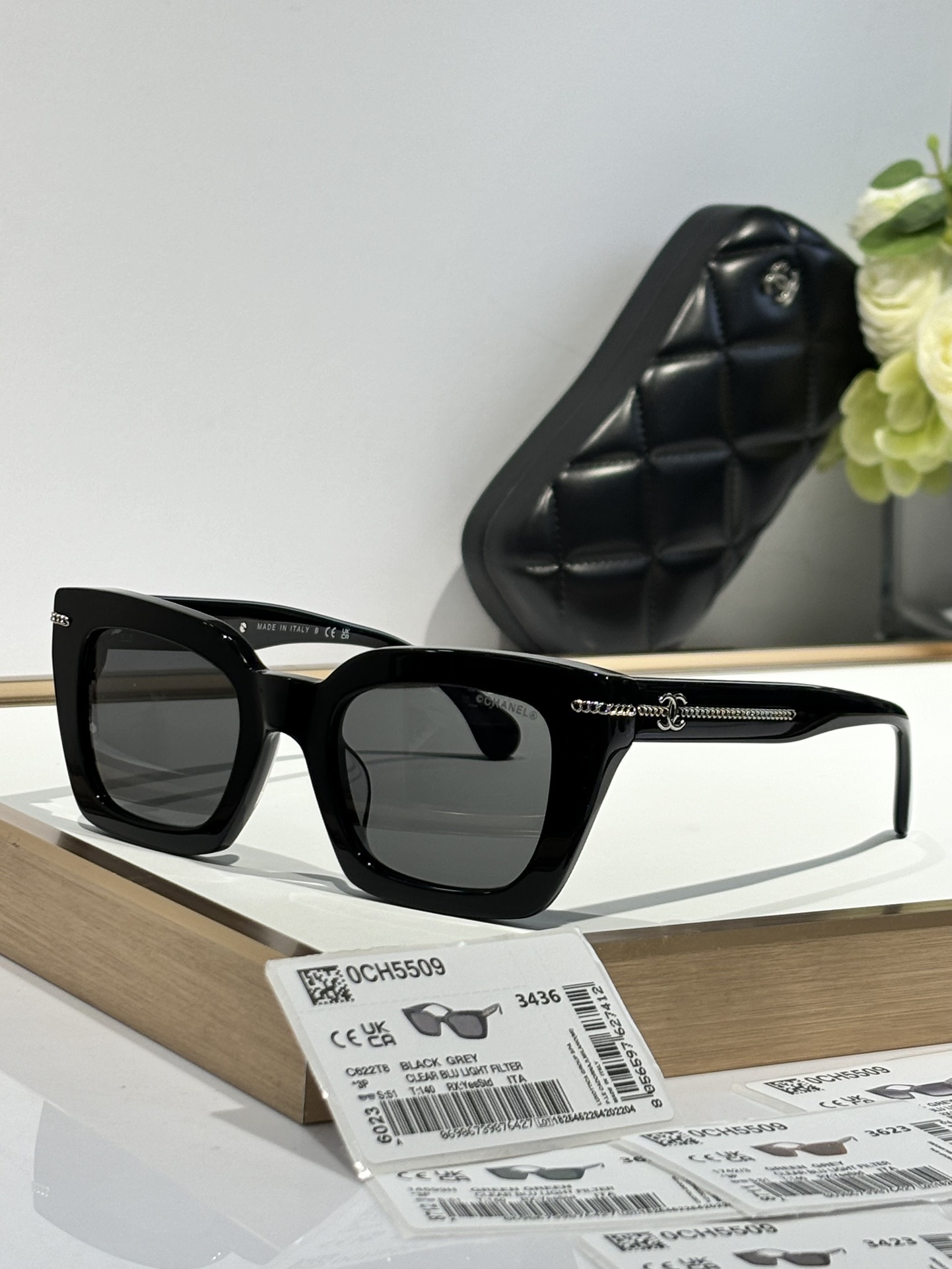 Chanel CH5509 Black Square Sunglasses with Polarized Grey Lenses