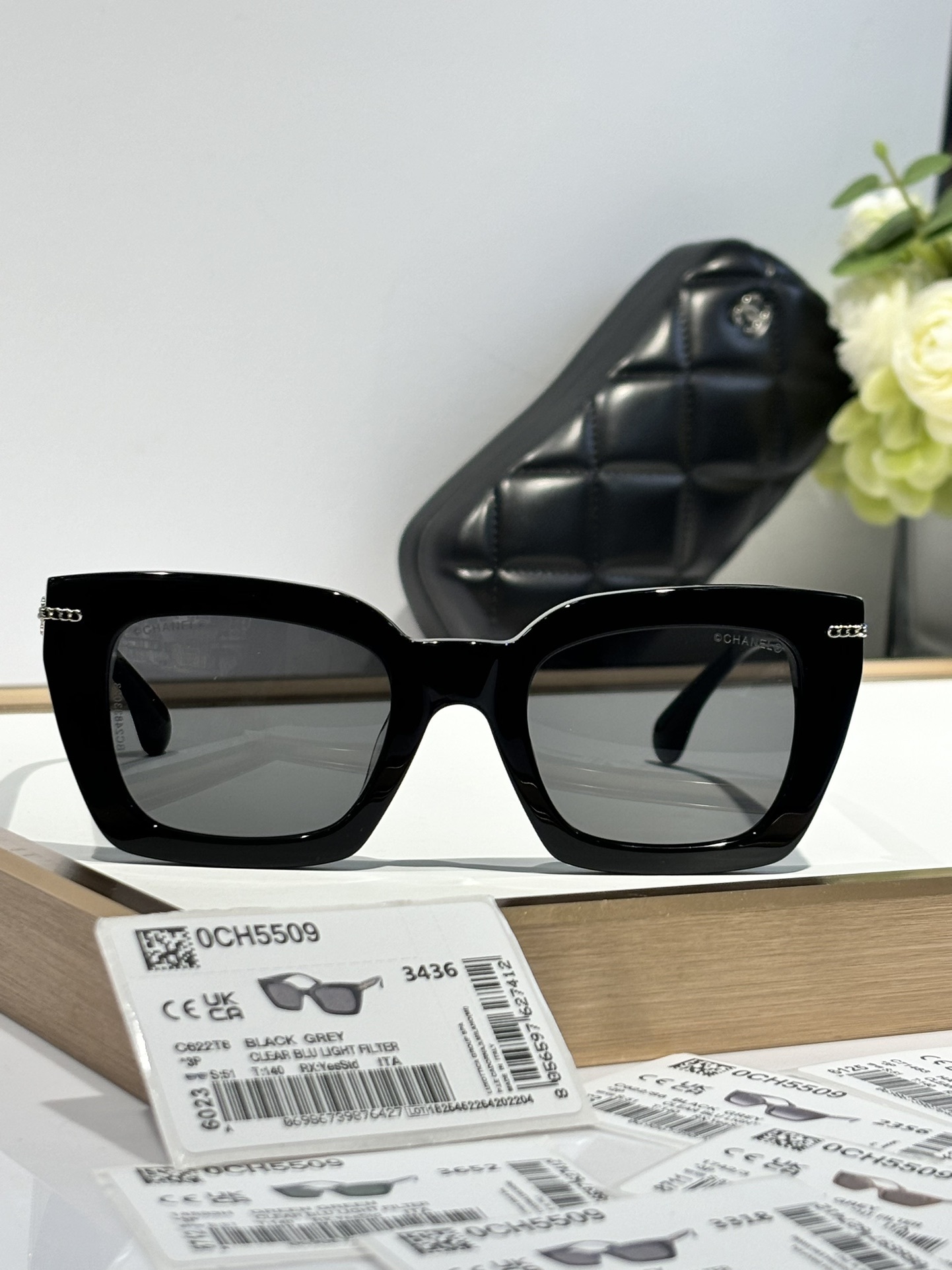 Chanel CH5509 Black Square Sunglasses with Polarized Grey Lenses