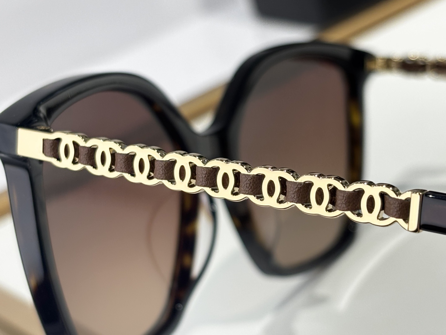Chanel Polarized Square Sunglasses - Tortoise with Gold Chain